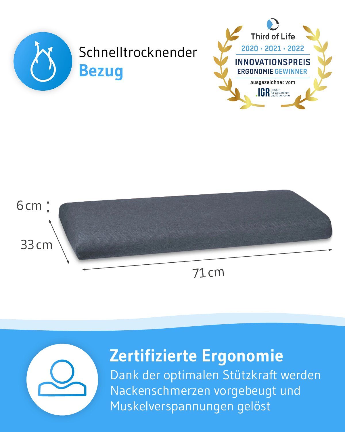 Bauchschläferkissen HADAR Low Orthopädisches Schlaf-Kissen, Third of Life, Füllung: Viscoschaum, Bezug: Thermoregulierender Bezug, Flaches Kopfkissen für Bauchschläfer,Kissen 40x80, 6cm Höhe