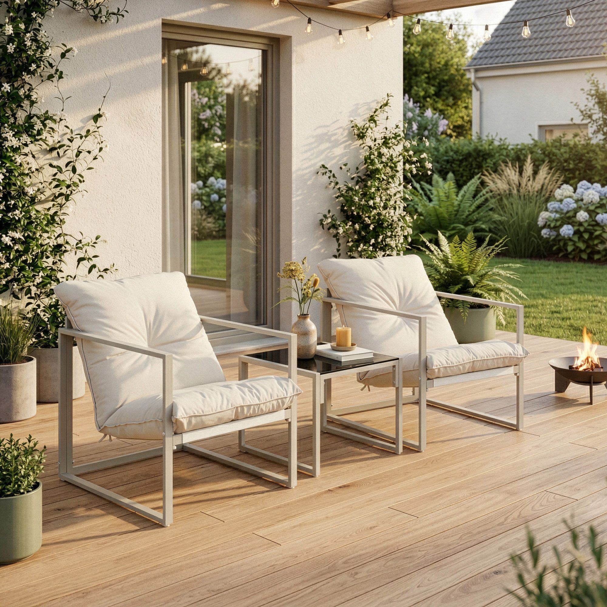 casa.pro Gartenlounge-Set, (Set, 3-tlg), »Karg« Couchtisch mit 2 Sesseln Kissen Metall Beige