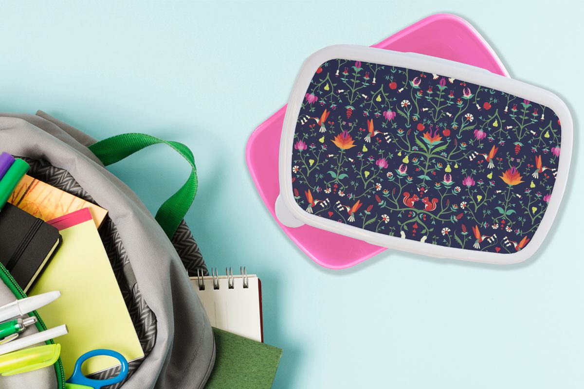 Kunststoff Kunststoff, Brotdose - Lunchbox (2-tlg), Mädchen, Kinder, Erwachsene, Blumen rosa - Muster, MuchoWow Brotbox Eichhörnchen Snackbox, für