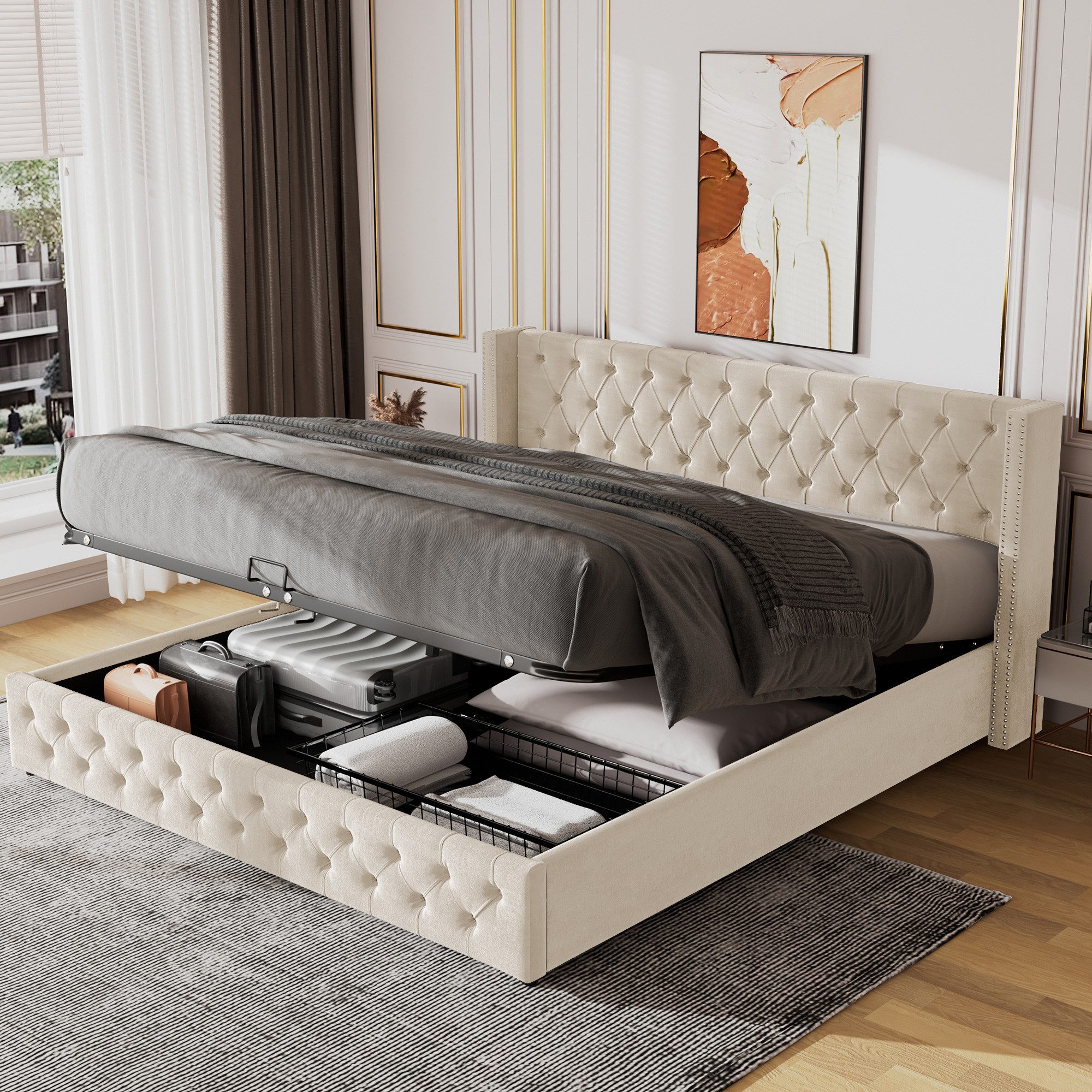 MODFU Polsterbett Doppelbett mit Bettkasten gepolstertem Kopfteil (Massivholz Untergestell mit Hydraulisch anhebbarer Bettstauraum, Samt Bezug Funktionsbett, 140x200 cm Ohne Matratze), mit weichem Kopfteil Schaum-Polsterung Ohrenform Große Knopfnähte