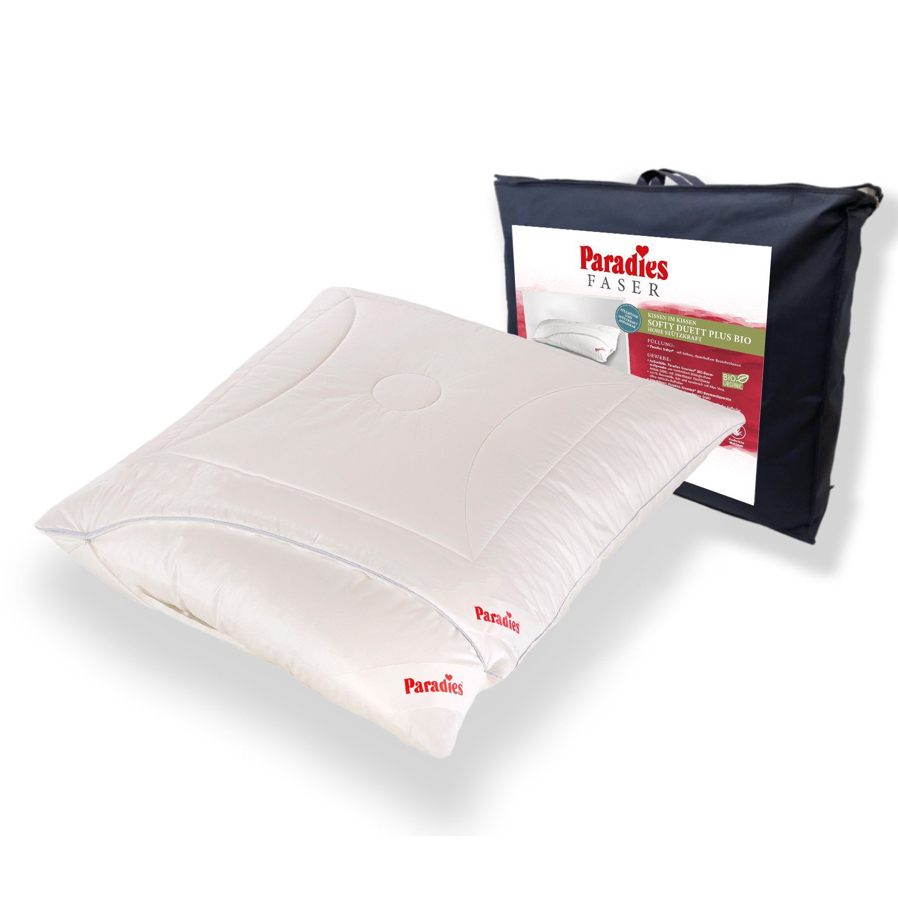 Paradies Kunstfaserkopfkissen Softy Duett Plus Bio, Füllung: 100% Polyester, Bezug: 100% Baumwolle kbA, Seitenschläfer, Bauchschläfer, Rückenschläfer, Kissen mit zusätzlichem Steppbezug