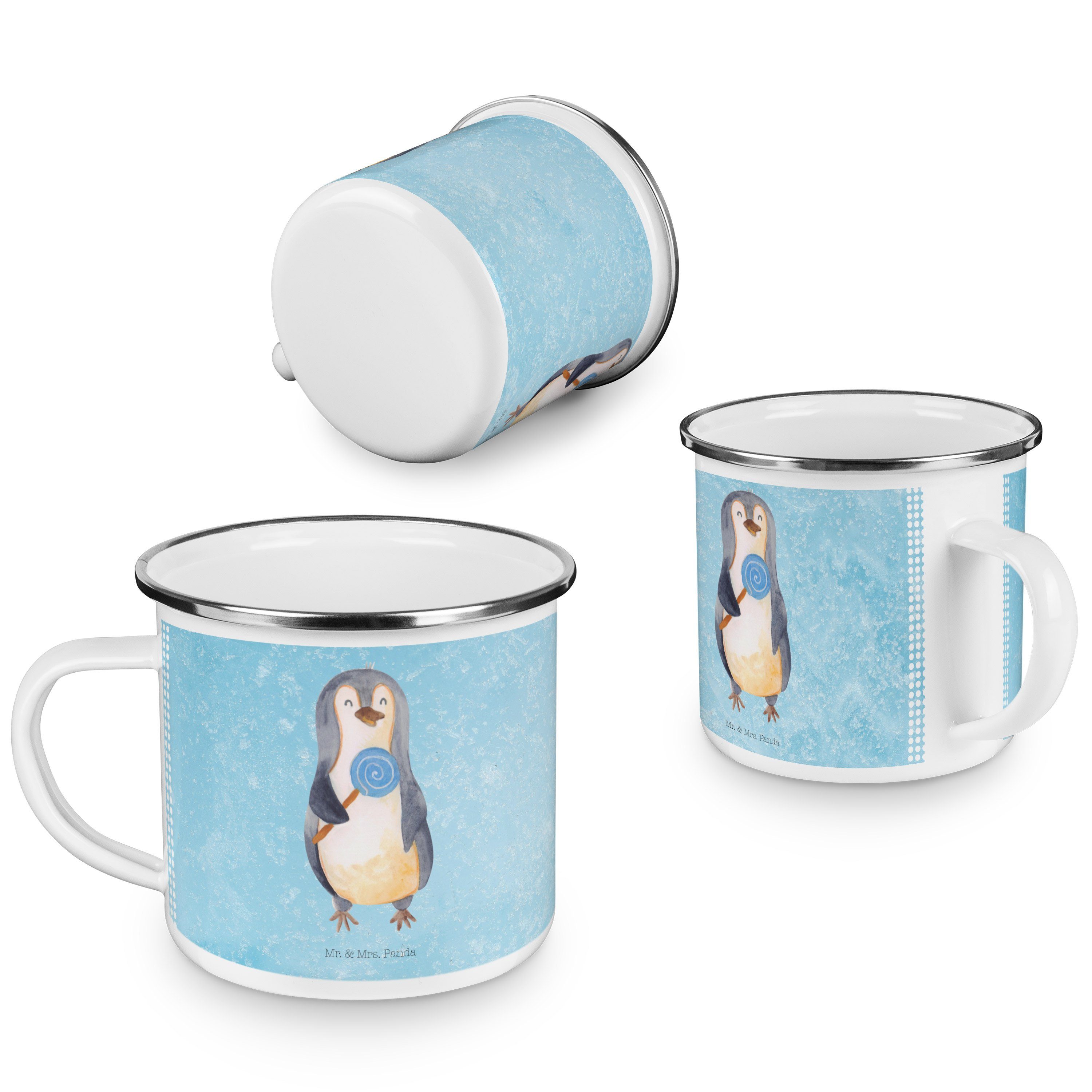 Emaille Tasse Mrs. & Pinguin Panda - Lolli Becher Camping Metall, Eisblau Mr. Tri, - Spruch, Geschenk,