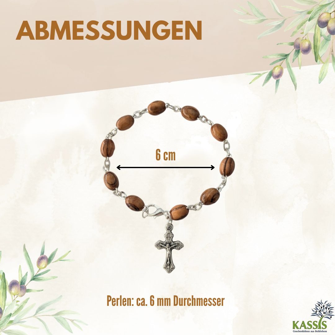 Kassis Geschenkartikel Armband mit ovalen Olivenholz-Perlen Gebetskette Talisman Glücksbringer, handgefertigt in Bethlehem, Geschenk zu Kommunion Taufe Firmung – Bild 3 von 5