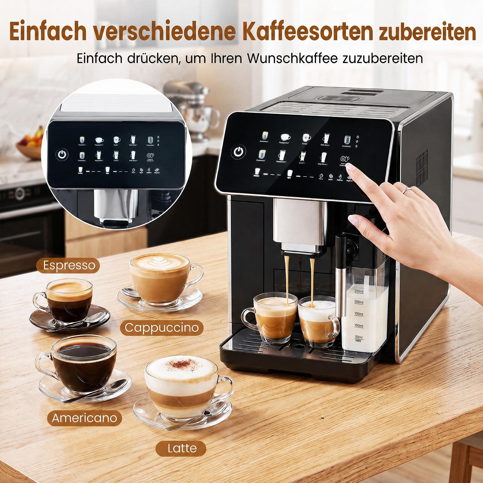 COSTWAY Kaffeemaschine mit Mahlwerk, Kaffeemaschine mit Milchbehälter, 15 Bar