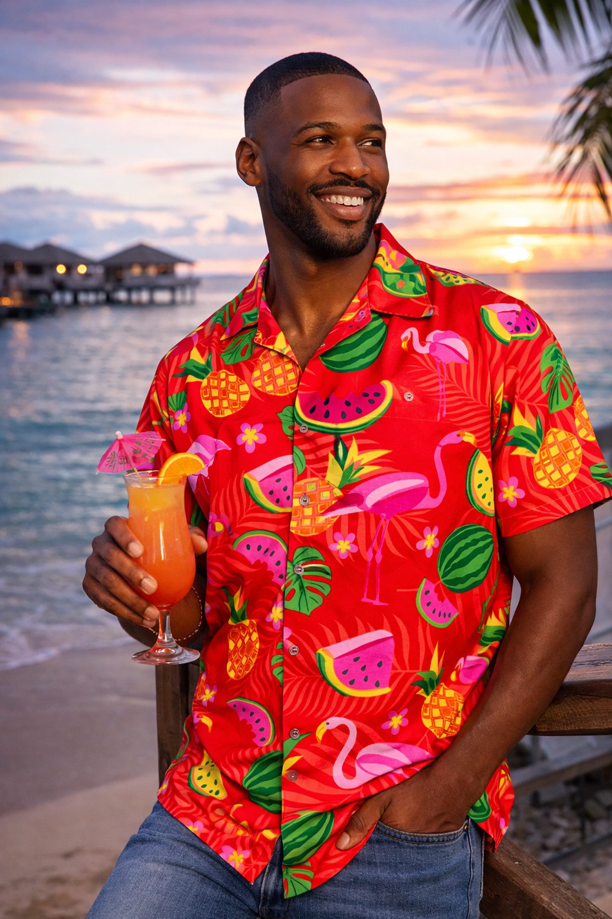 King Kameha Hawaiihemd "Flamingo Melone" Funky Hawaiihemd Herren Kurzarm Fronttasche Stylish