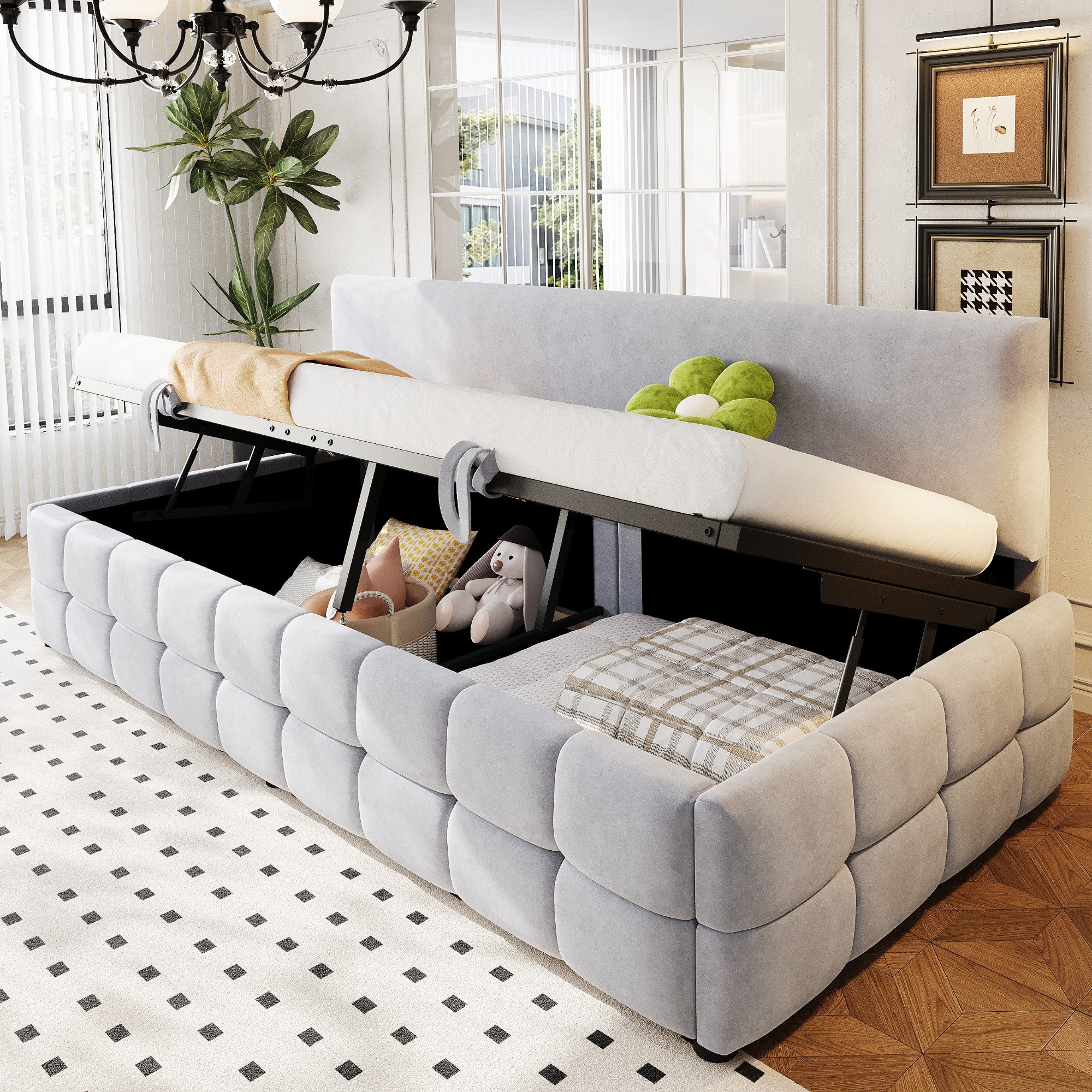 HAUSS SPOLE Schlafsofa 90x200 mit Bettkasten,Tagesbett Daybett ohne Armlehnen,Samtstoff, mit hydraulischem Stauraum, Rückenlehne ohne Armlehnen, klassisches Karomuster, Samtbezug 90x200 cm, ohne Matratze