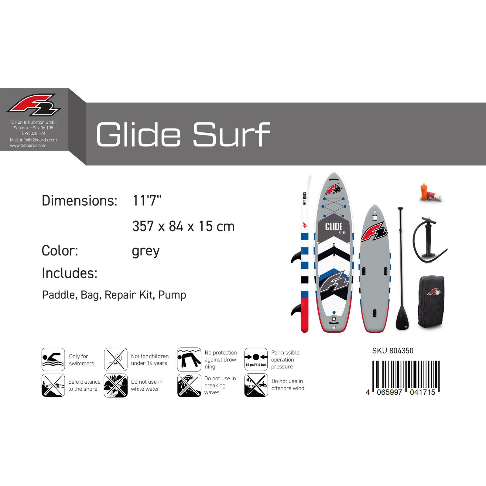 F2 SUP-Board F2 SUP Stand Up Paddle Board Glide Surf 11'7'' Grau, Stand up paddle board