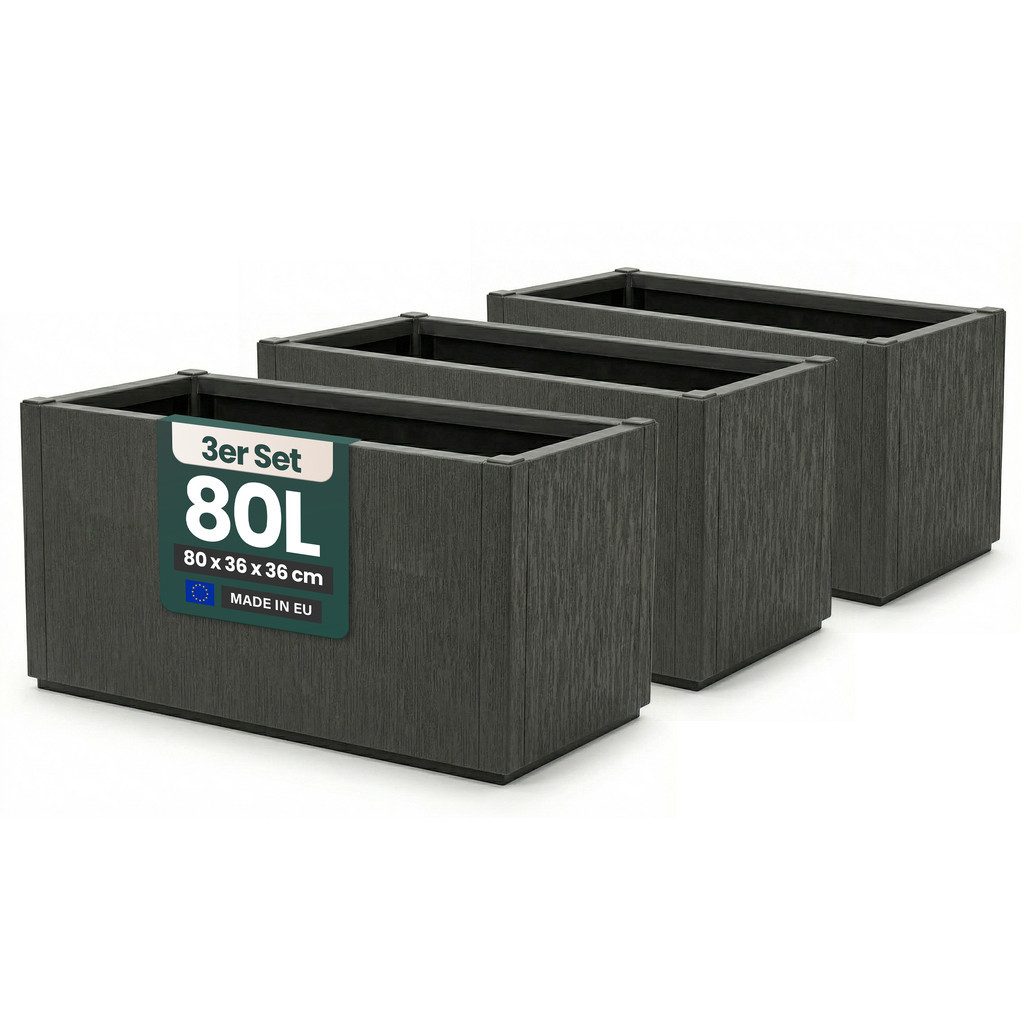 Kreher Pflanzkübel 'Ethica' aus Kunststoff, 80 x 36 x 36 cm, Strukturiert, Anthrazit (3 St)