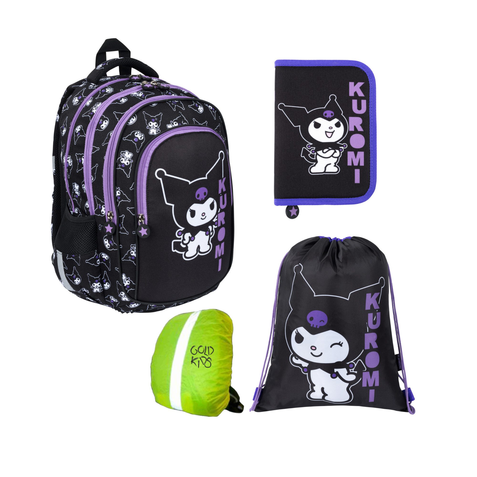 GOLDKIDS Ранцы für Jungen und Mädchen, 4er-Set - (Schul-Rucksack für Kinder mit Federmäppchen -, Schuhbeutel und Regenschutz), - Kuromi Motiv