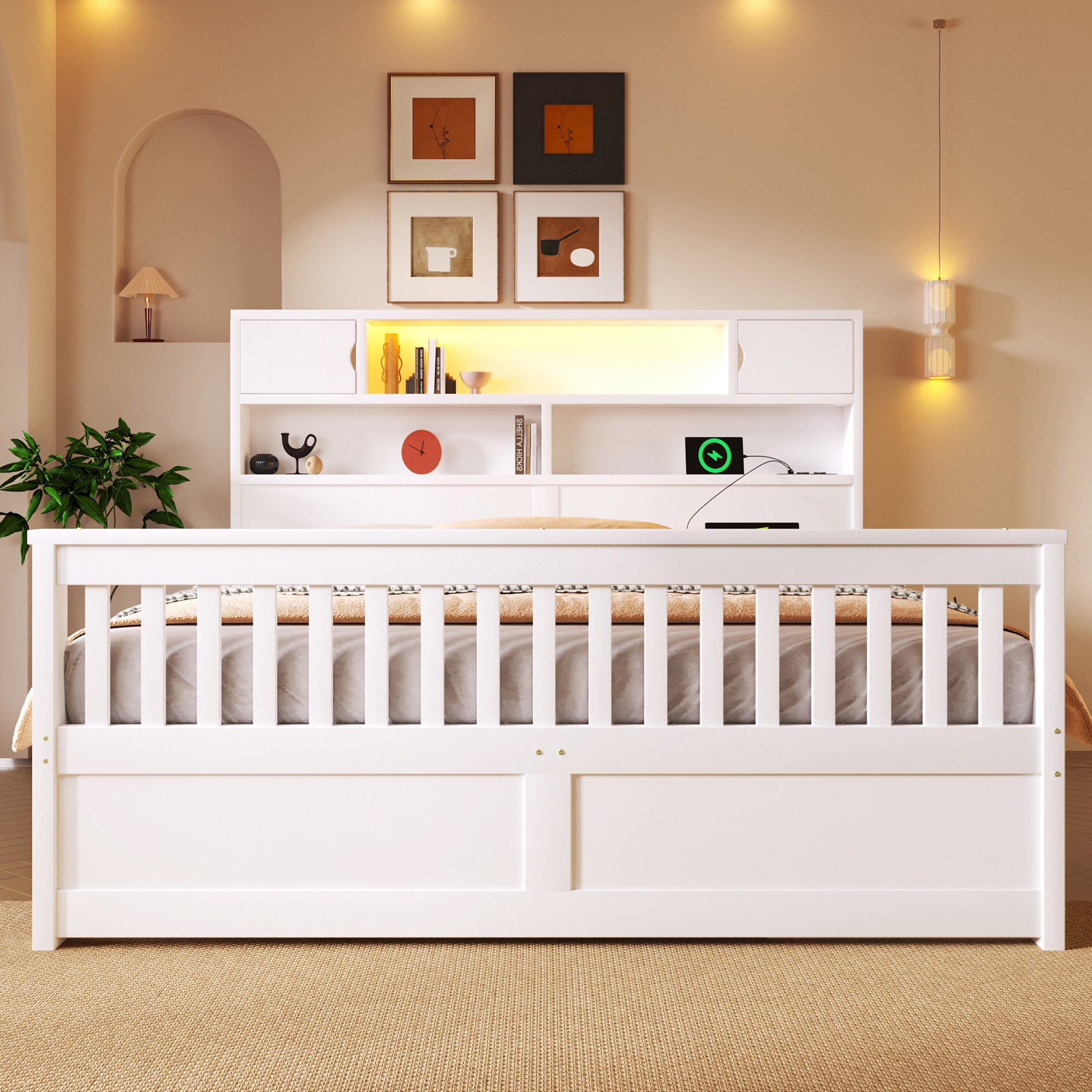 Merax Massivholzbett mit LED-Kopfteil & USB-Anschluss (Plattformbett Bettgestell Doppelbett aus Holz, 1-tlg), 160x200cm mit 4 Schubladen, Stauraumregalen, Bücherregal & Ablagen