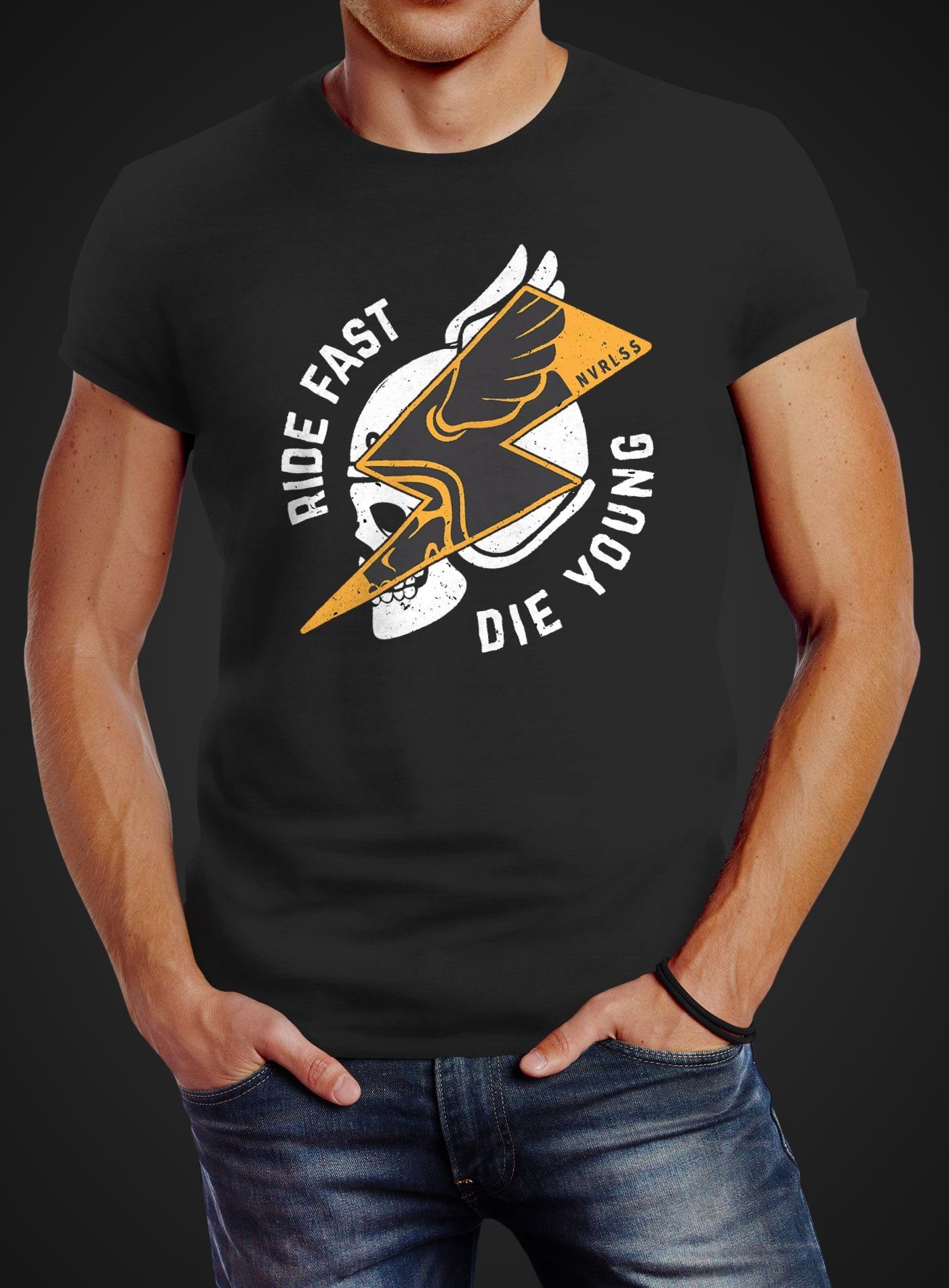 Neverless® Slim Die Neverless T-Shirt Fast Ride schwarz Rocker Young Print-Shirt Spruch Fit Blitz Biker Flash Herren Skull Print Helm Motiv mit