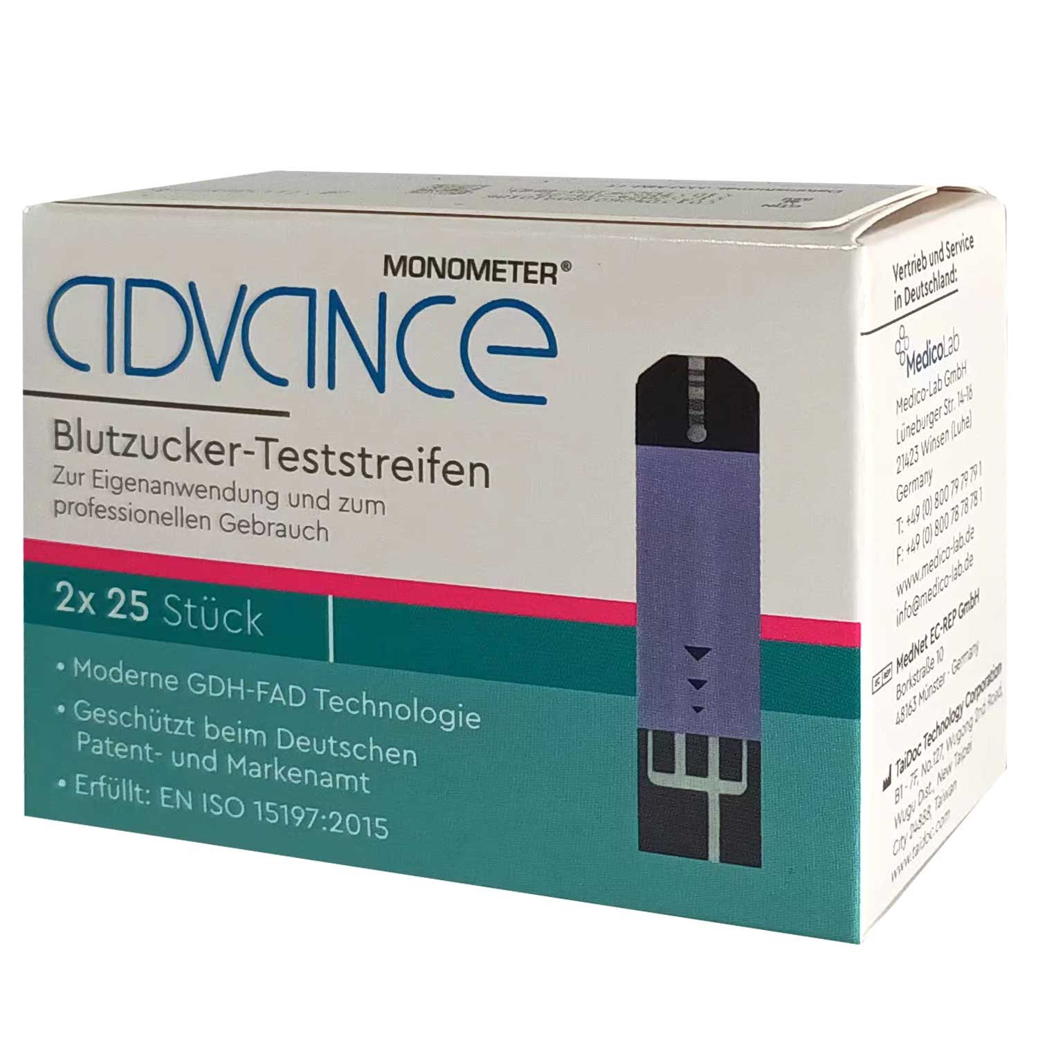 Medico-Lab GmbH Blutzucker-Teststreifen Advance Monometer Blutzuckerteststreifen GDH, 50 Stück