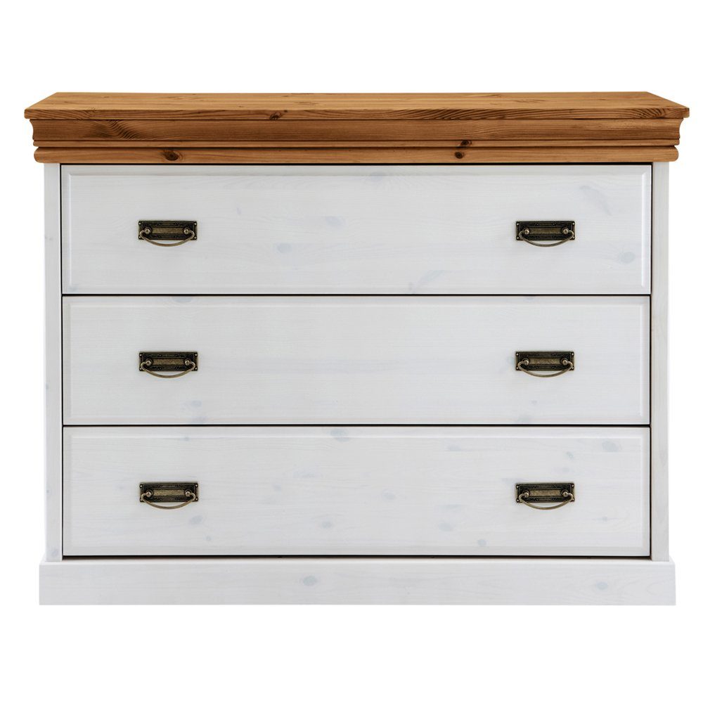 Lomadox Kommode SAVONA-69, in Kiefer massiv weiß gewachst mit honigfarben, 3 Schubkästen