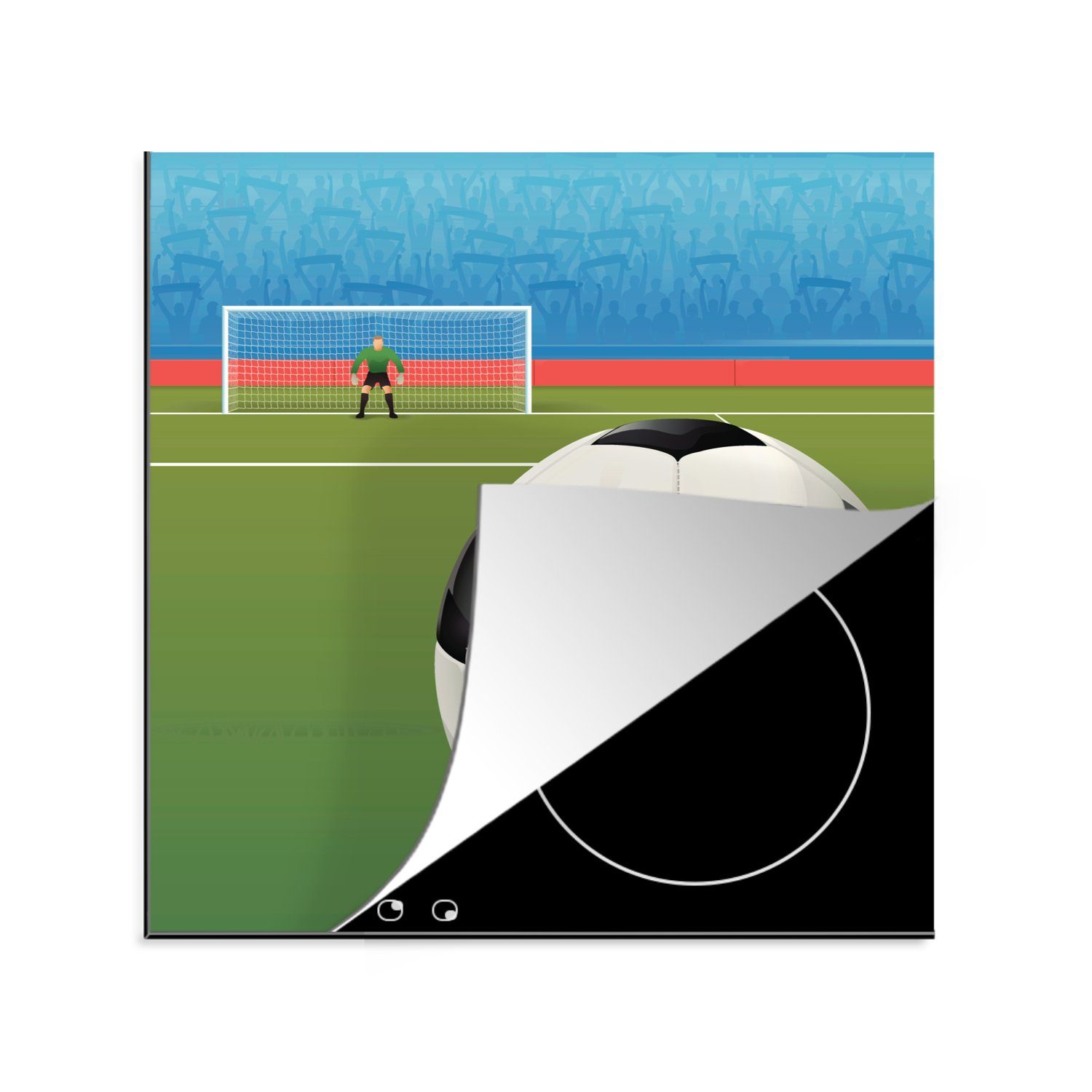 MuchoWow Herdblende-/Abdeckplatte Eine Illustration eines Fußballs auf dem Feld im Stadion - Jungen -, Vinyl, (1 tlg), 78x78 cm, Ceranfeldabdeckung, Arbeitsplatte für küche