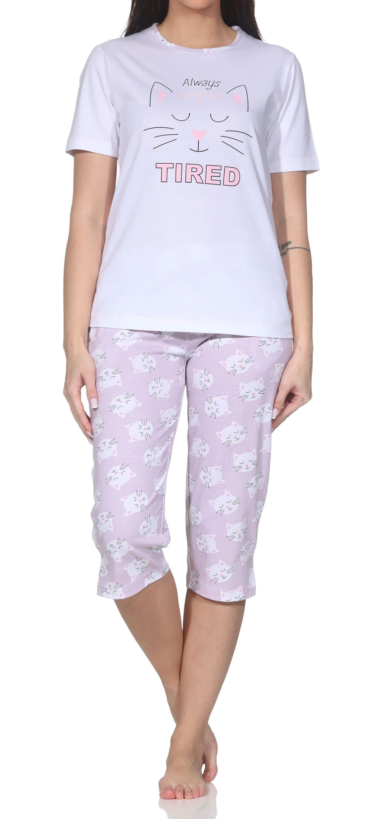 Pyjama Normann Damen kurzarm Schlafanzug mit Caprihose und Katzenmotiv