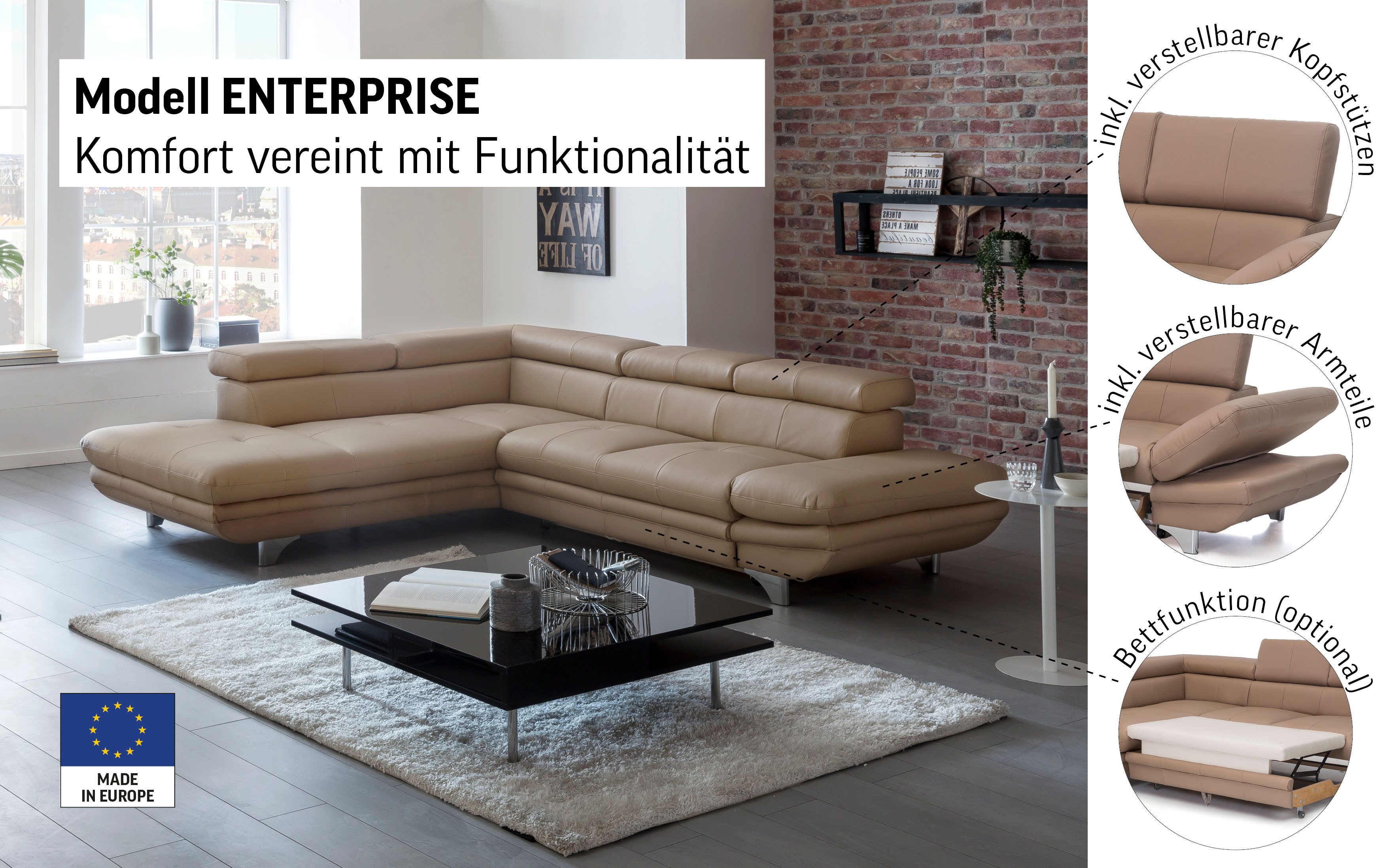 COTTA Ecksofa Enterprise L-Form, mit Arm- & Kopfteilverstellung, wahlweise mit Bettfunktion