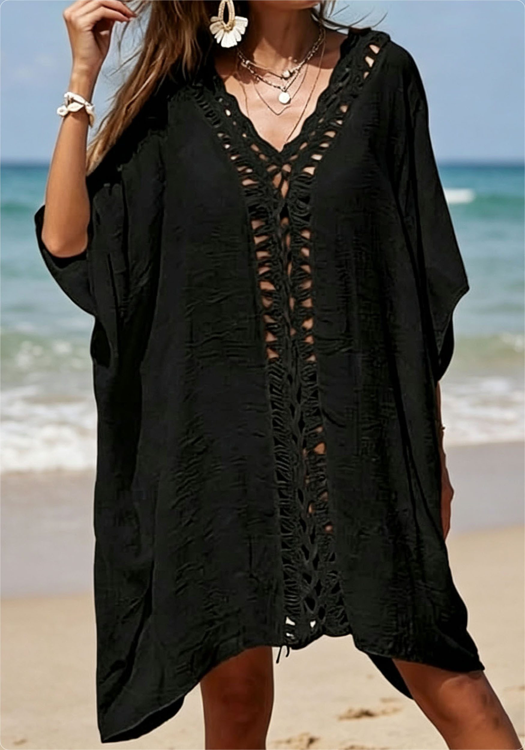 Mutig Strandkleid Damen Plus-Size-Strandkleid, Badeanzug-Überwurf, Häkel-Design-Kleid (Sommer Strandponcho, Leichter Bikini Überwurf für Strand & Urlaub, Beste Übereinstimmung für Bikini, Shorts, Badeanzug usw) Sie wirkt auch bei kurvigeren Frauen sehr attraktiv und stilvoll