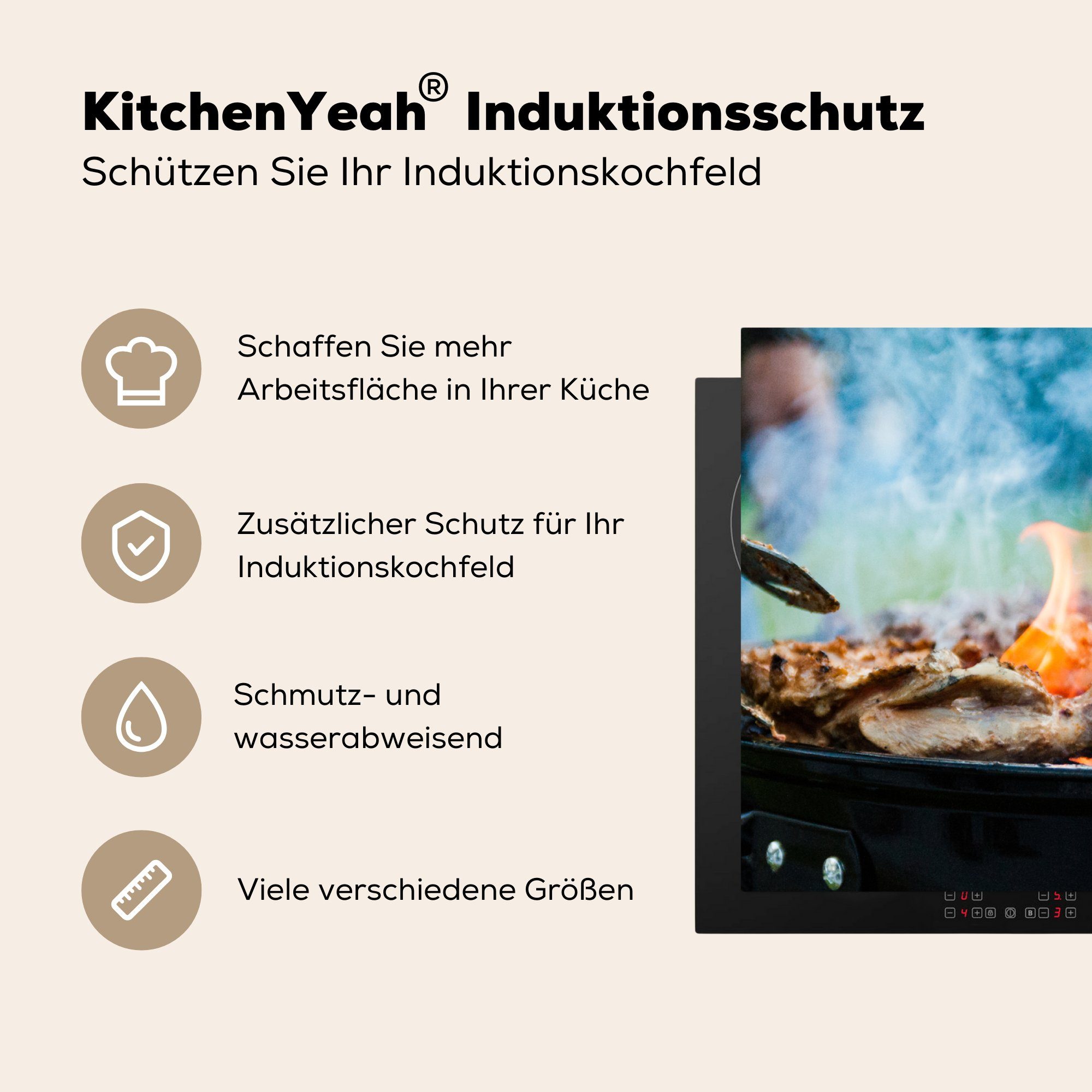 Arbeitsplatte BBQ küche für tlg), Herdblende-/Abdeckplatte Fleisch Vinyl, cm, Räuchern, - (1 Ceranfeldabdeckung, 83x51 - MuchoWow
