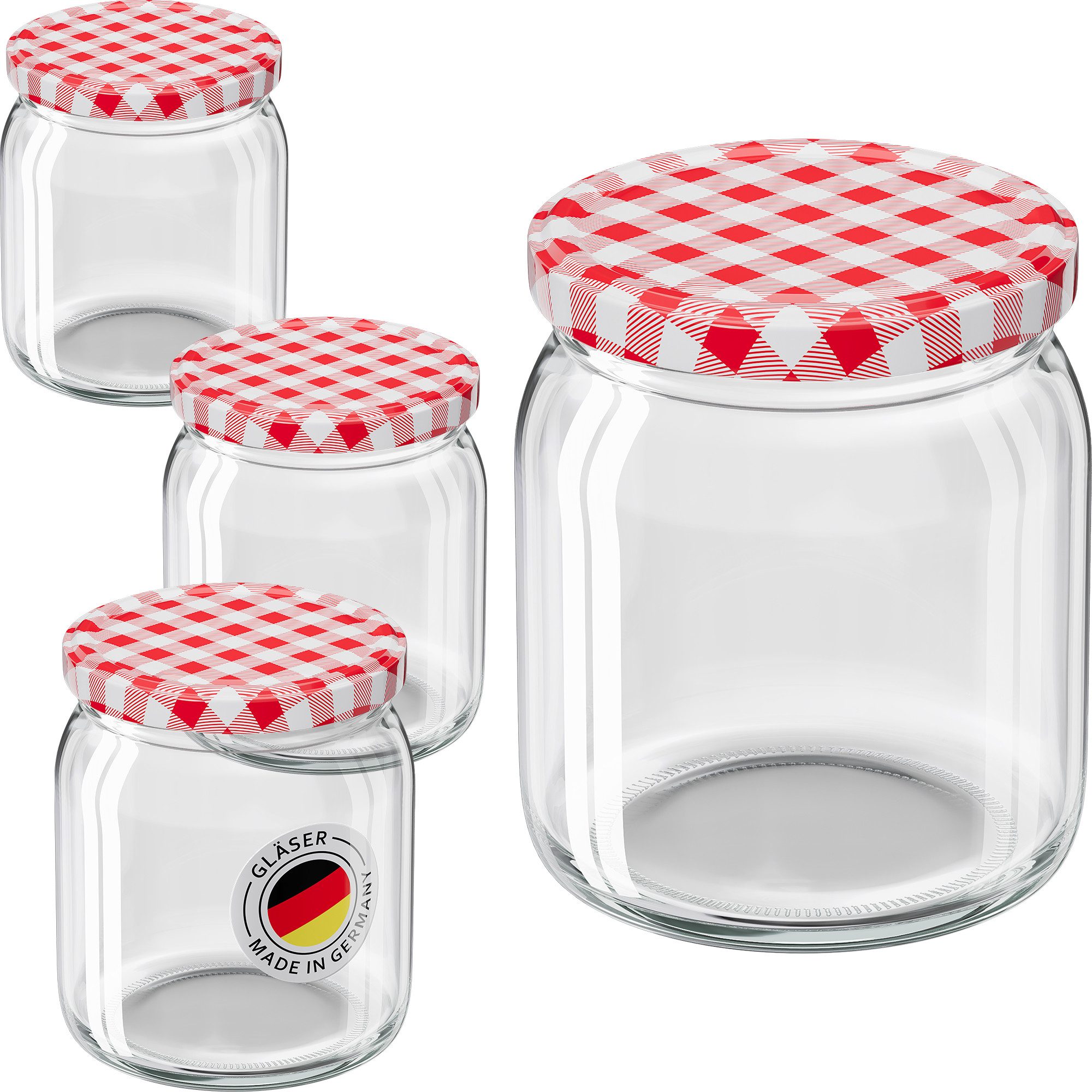 Wellgro Vorratsglas Einmachgläser mit Schraubdeckel TO 82, rot kariert, (12-tlg)