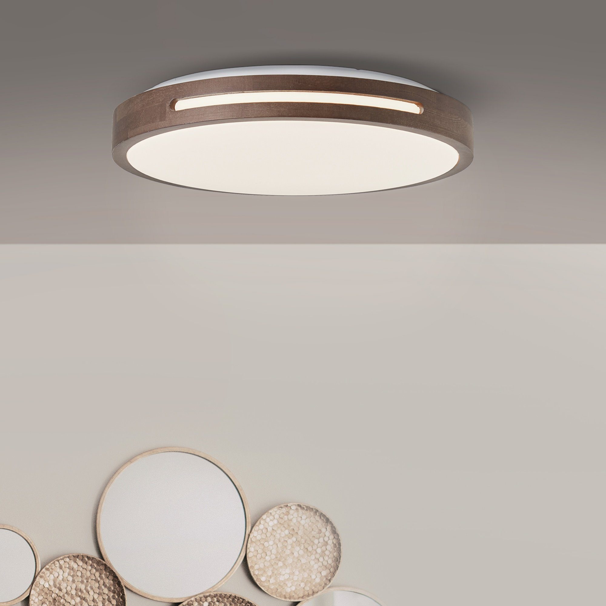 Lightbox LED Deckenleuchte, 3 K, Stufen Ø LED Dimmfunktion, lm, 39 2700 Holz/Kunststoff/Metall 2100 cm, dimmbar, integriert, Warmweiß, fest