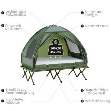 Outsunny Faltzelt Campingzelt-Set mit Feldbett, Personen: 2 (Kuppelzelt, 1 tlg., Campingbett), für Garten, Balkon, Grün