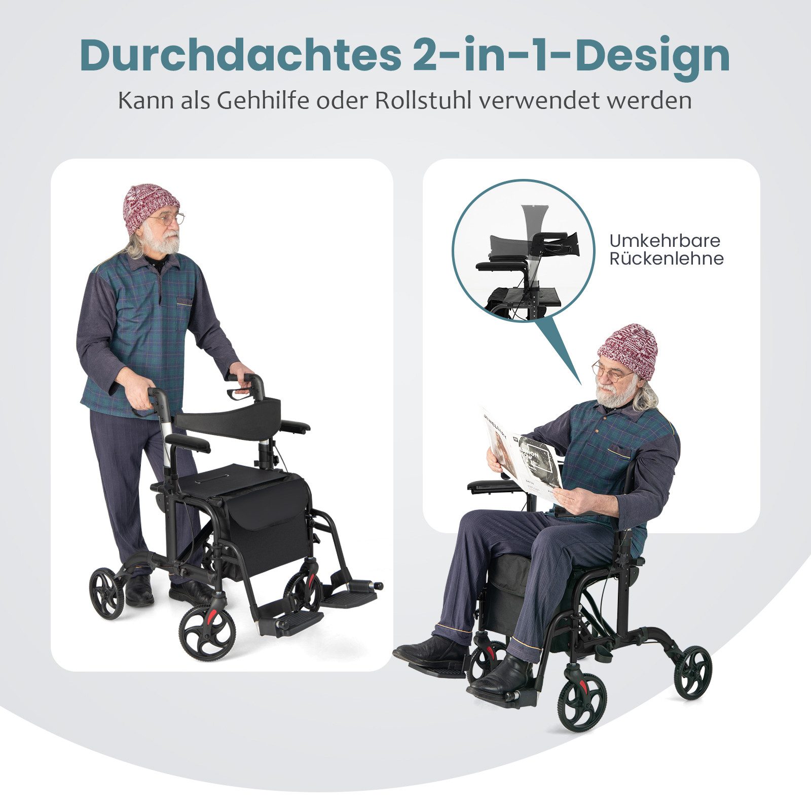 COSTWAY Rollator, Faltbar und leicht mit Sitz, 6-fach höhenverstellbar