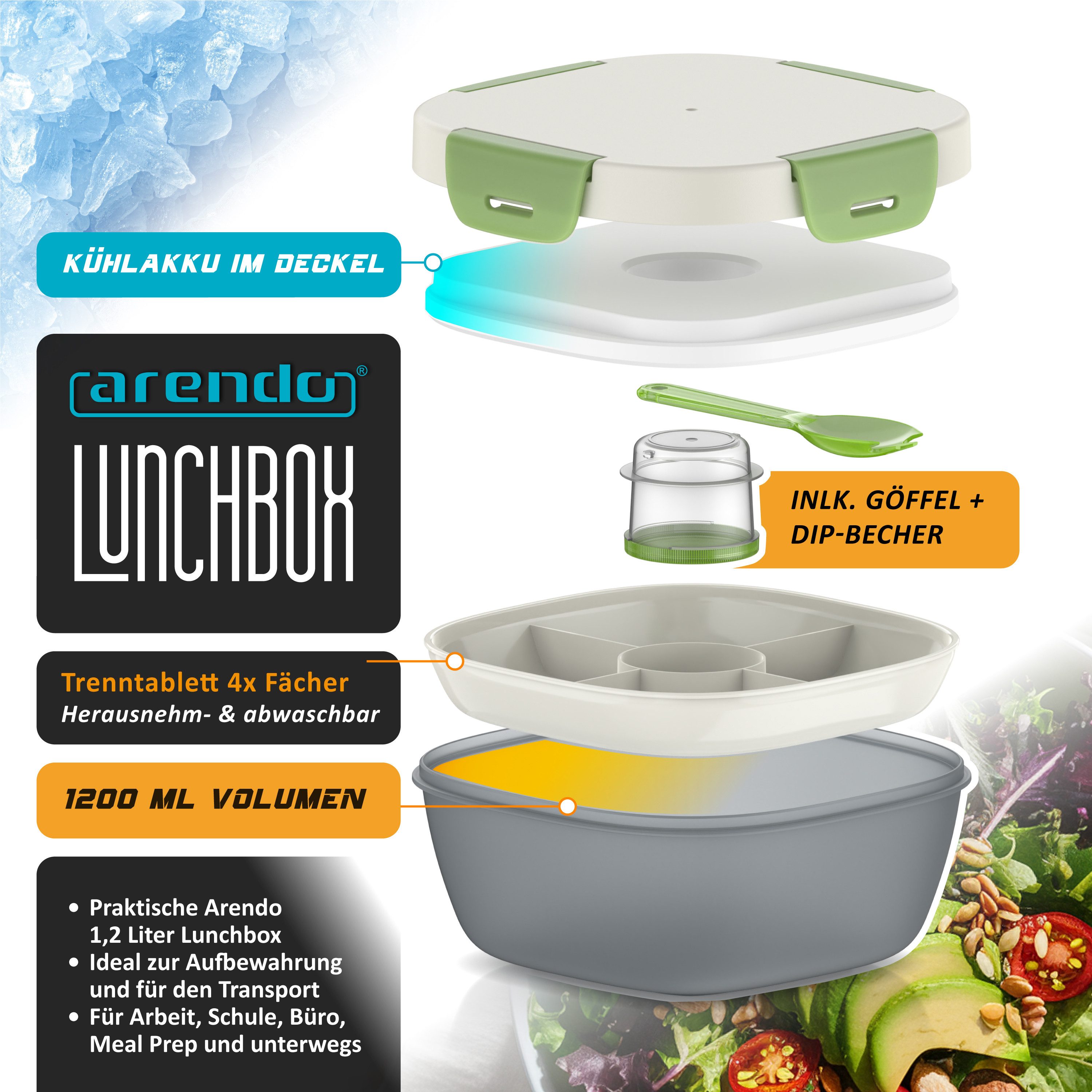 Arendo Lunchbox Meal Prep Box 1,2 l mit Kühlakku, Trenntablett & Spork, Brotdose rund, Kunststoff, (1-tlg., 2 Trennstege, 2 Silikondichtungen), Klickverschluss, Saucendose, gefrier- & mikrowellengeeignet
