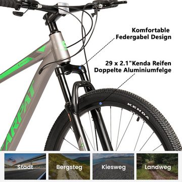 CARPAT SPORT Mountainbike 29 Zoll Fahrrad für Herren Damen, 21 Gang Shimano Tourney TZ 500 Schaltwerk, Kettenschaltung, (Aluminium Rahmen, mechanische Scheibenbremse), 165 - 200 cm MTB Hardtail Fahrrad