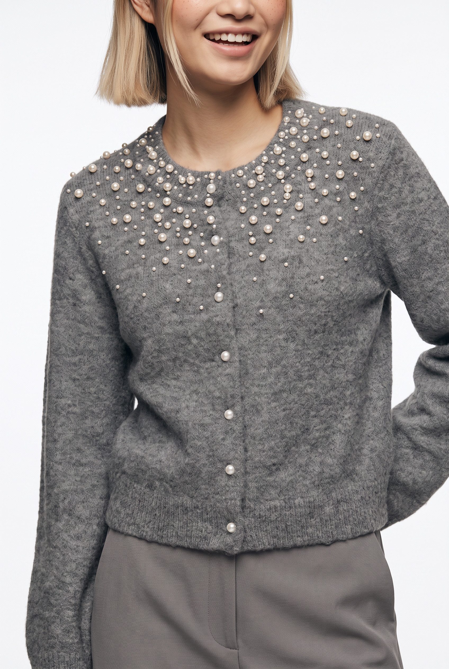 ONLY Strickjacke ONLMIGGIE LS O-NECK PEARL CARDIGA EX KNT Materialmix, regular fit – Bild 3 von 5
