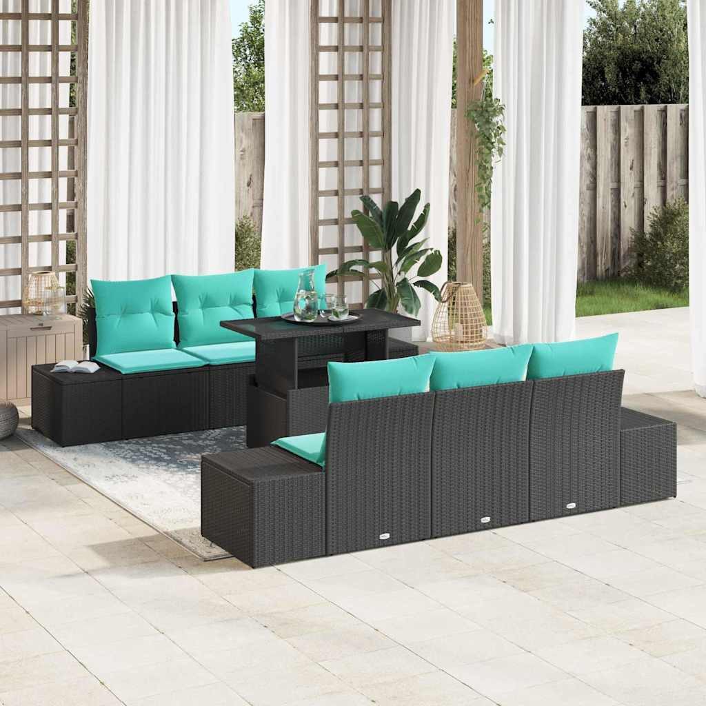 vidaXL Loungesofa Sofa Set 7 stk. 6-Sitzanzahl Schwarz und Blau Poly-Rattan, 7 Teile