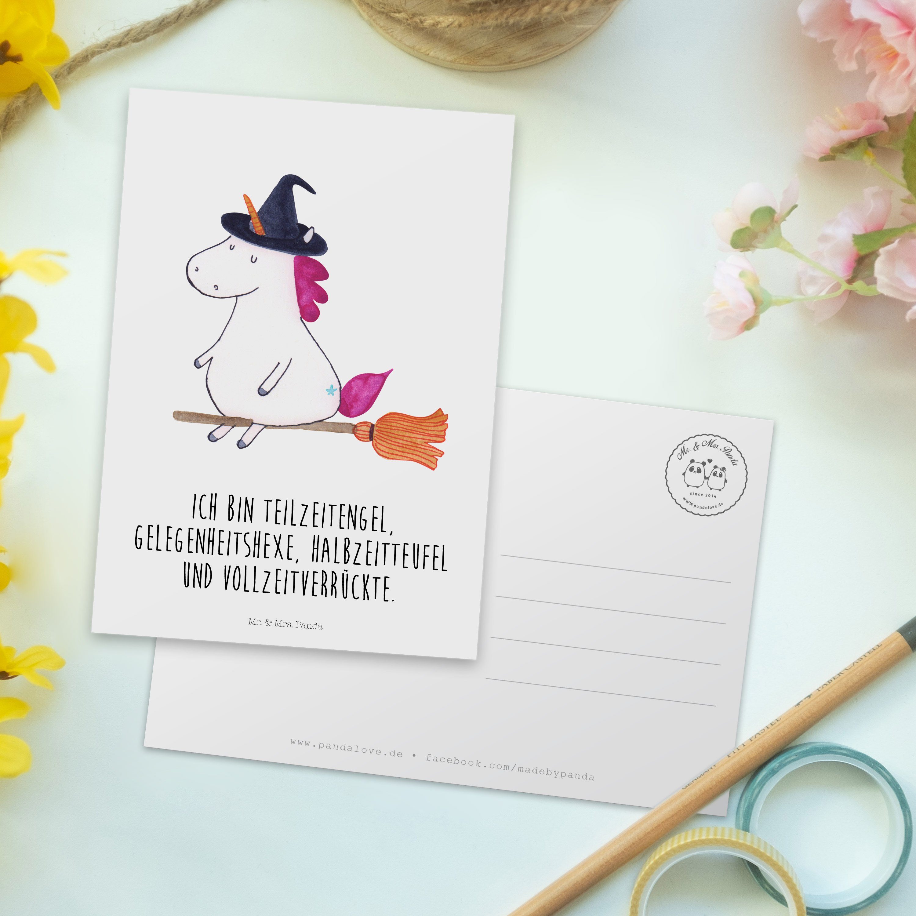 Einhor Mr. Dankeskarte, Panda Einhorn & Geschenk, Hexe - Weiß Mrs. Geburtstagskarte, Postkarte -