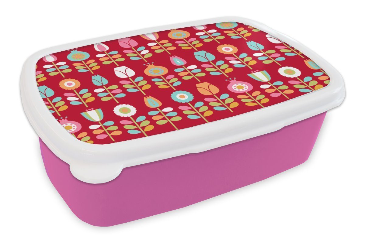 MuchoWow Lunchbox Muster - Blumen - Retro - Rot, Kunststoff, (2-tlg), Brotbox für Erwachsene, Brotdose Kinder, Snackbox, Mädchen, Kunststoff rosa