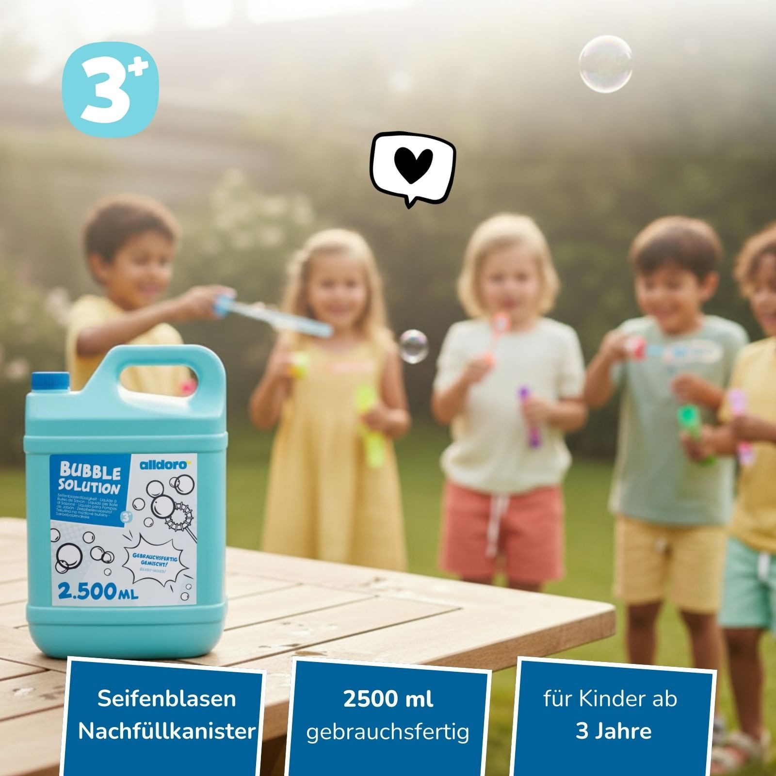 alldoro Seifenblasenspielzeug Seifenblasen-Nachfüllkanister 2,5 L gebrauchsfertiger Nachschub, Seifenblasenflüssigkeit für Seifenblasen-Maschinen & Pistolen