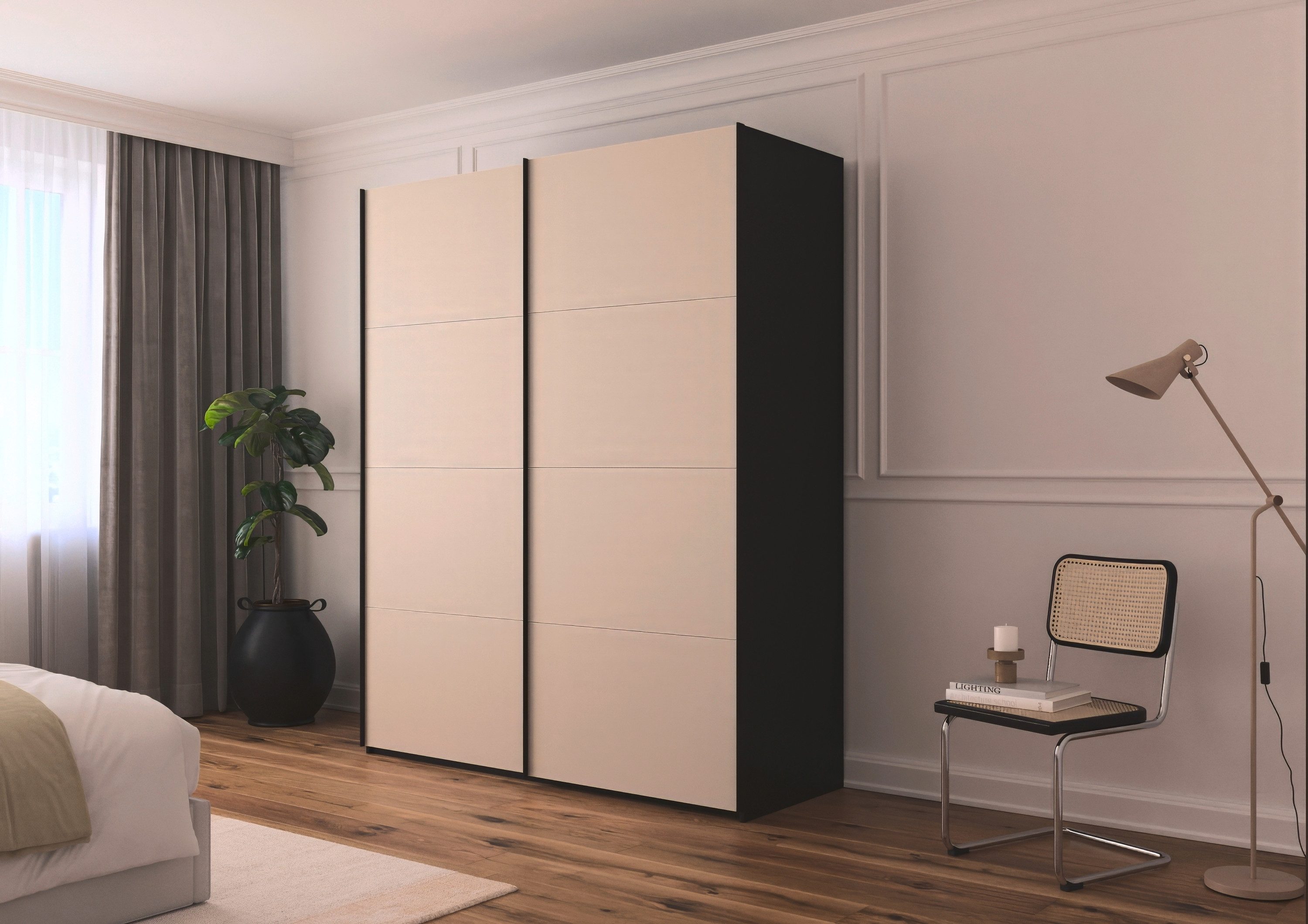 rauch Schwebetürenschrank Kleiderschrank Schrank Garderobe Schlafzimmerschrank SCALE-FYRA edle viergeteilte Türen mit Glas-Front viele Farben MADE IN GERMANY