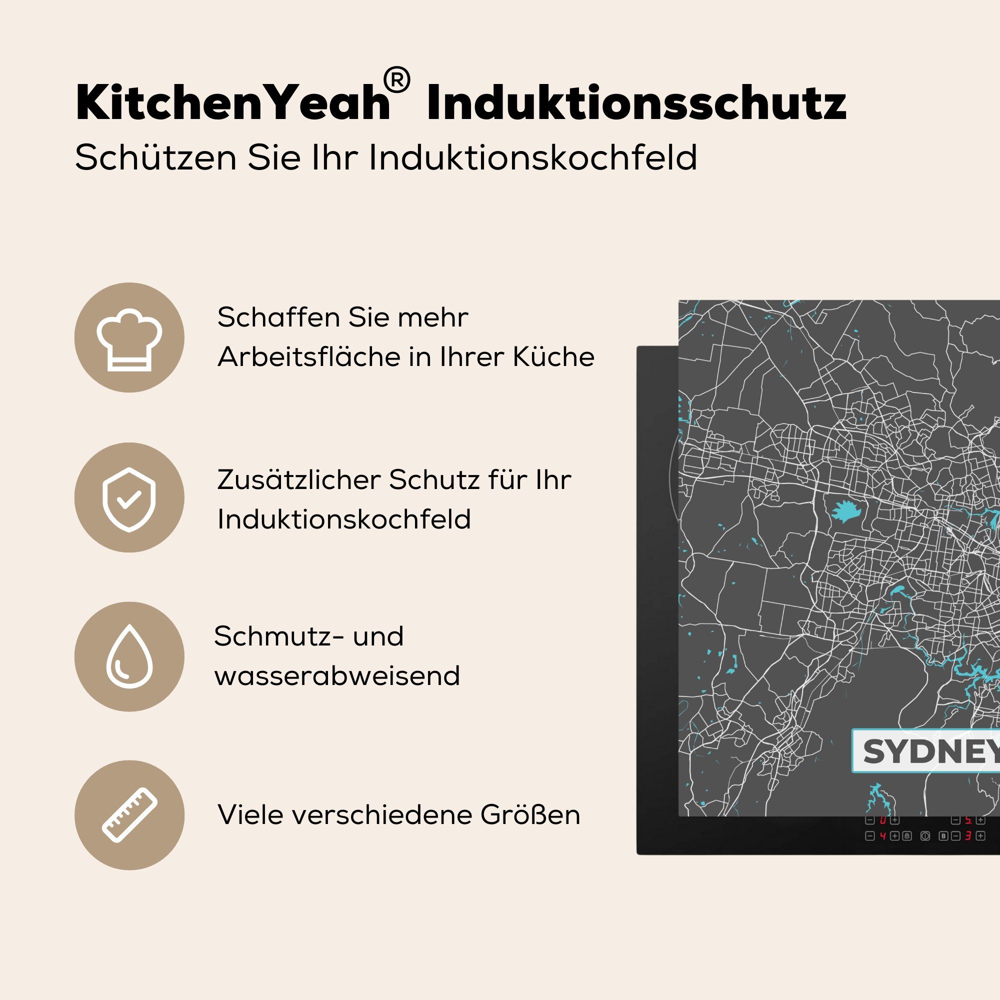 Vinyl, MuchoWow Stadtplan, tlg), für - Blau - 78x78 küche - Karte Herdblende-/Abdeckplatte cm, Ceranfeldabdeckung, Arbeitsplatte (1 Sydney