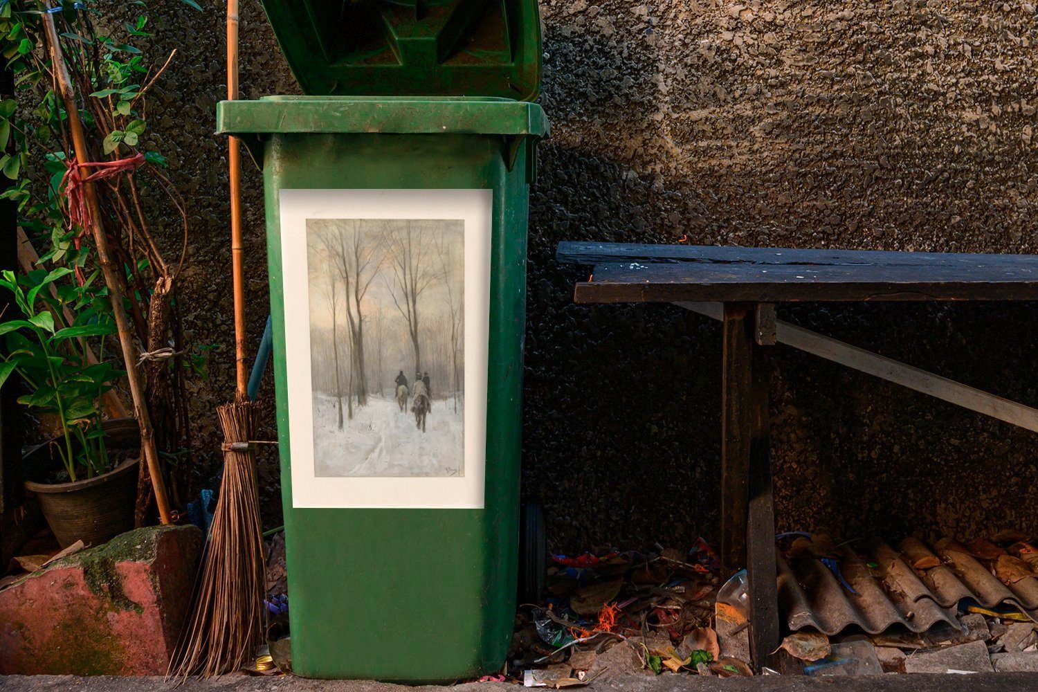 Schnee Mülltonne, Bos Mülleimer-aufkleber, - Container, im Haagse (1 Sticker, Mauve Gemälde von Wandsticker Abfalbehälter im St), Reiter MuchoWow Anton