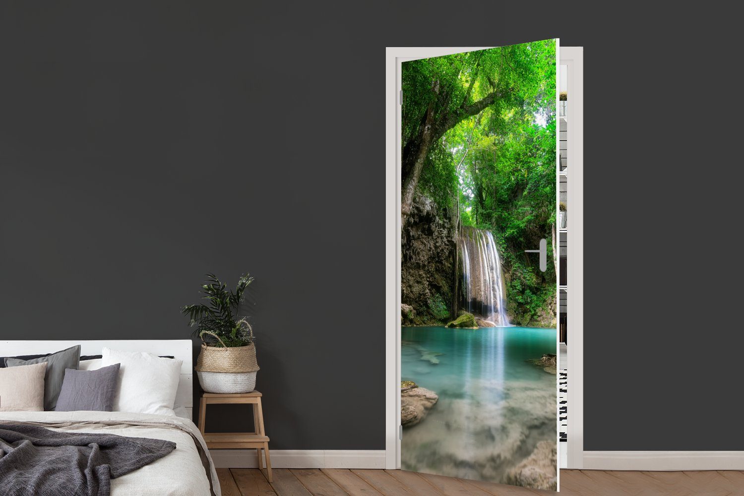 Türaufkleber, MuchoWow 75x205 (1 in St), bedruckt, Erawan-Wasserfall für Matt, Türtapete Thailand., Tür, cm Fototapete Kanchanaburi,
