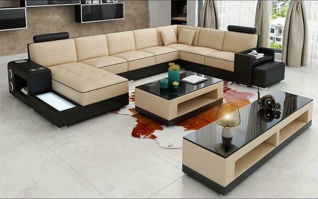 JVmoebel Ecksofa Eck Leder Ecksofa U-Form Sofa Couch Design Polster Textil, Made in Europe Beige/Schwarz