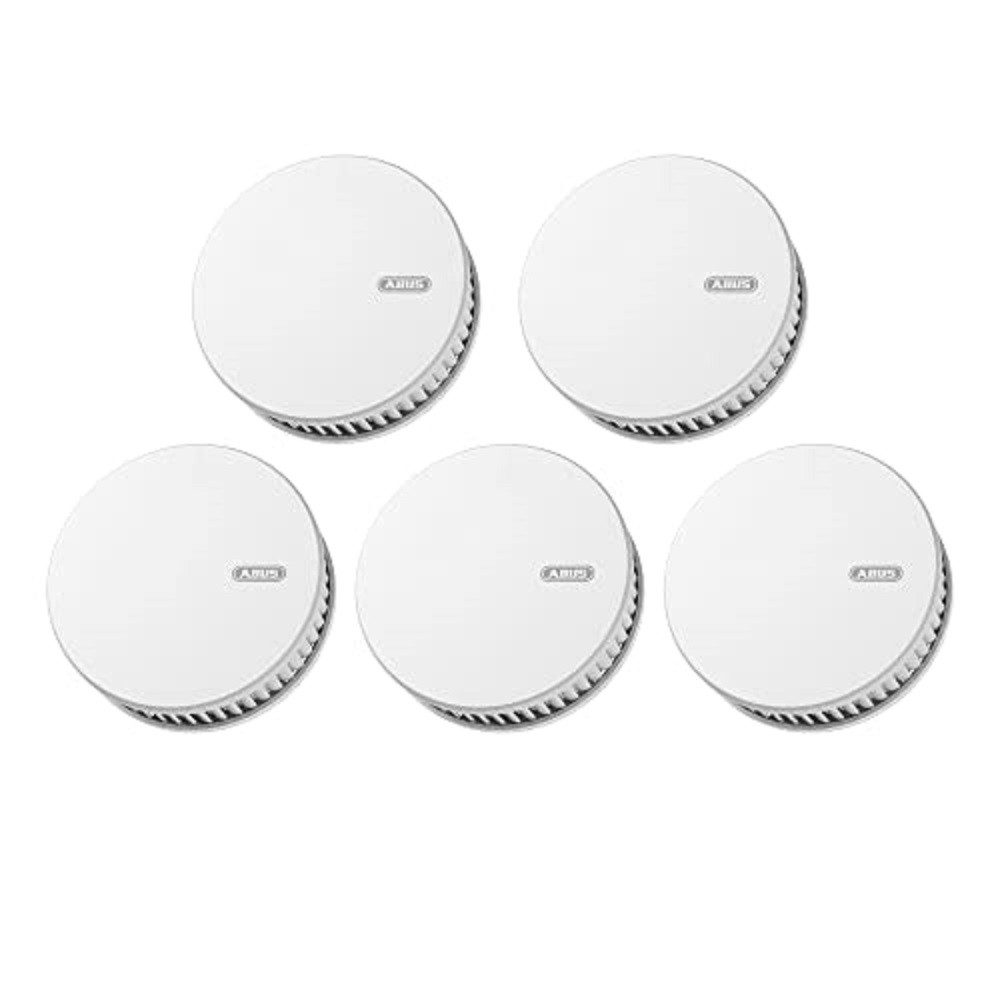 ABUS Funk-Rauchmelder RWM450, Hitzemelder, 12-Jahres-Batterie, 5er Set Rauch- und Hitzewarnmelder (15 Melder vernetzbar, Q-Label & DIN EN14604 zertifiziert, Weiß)