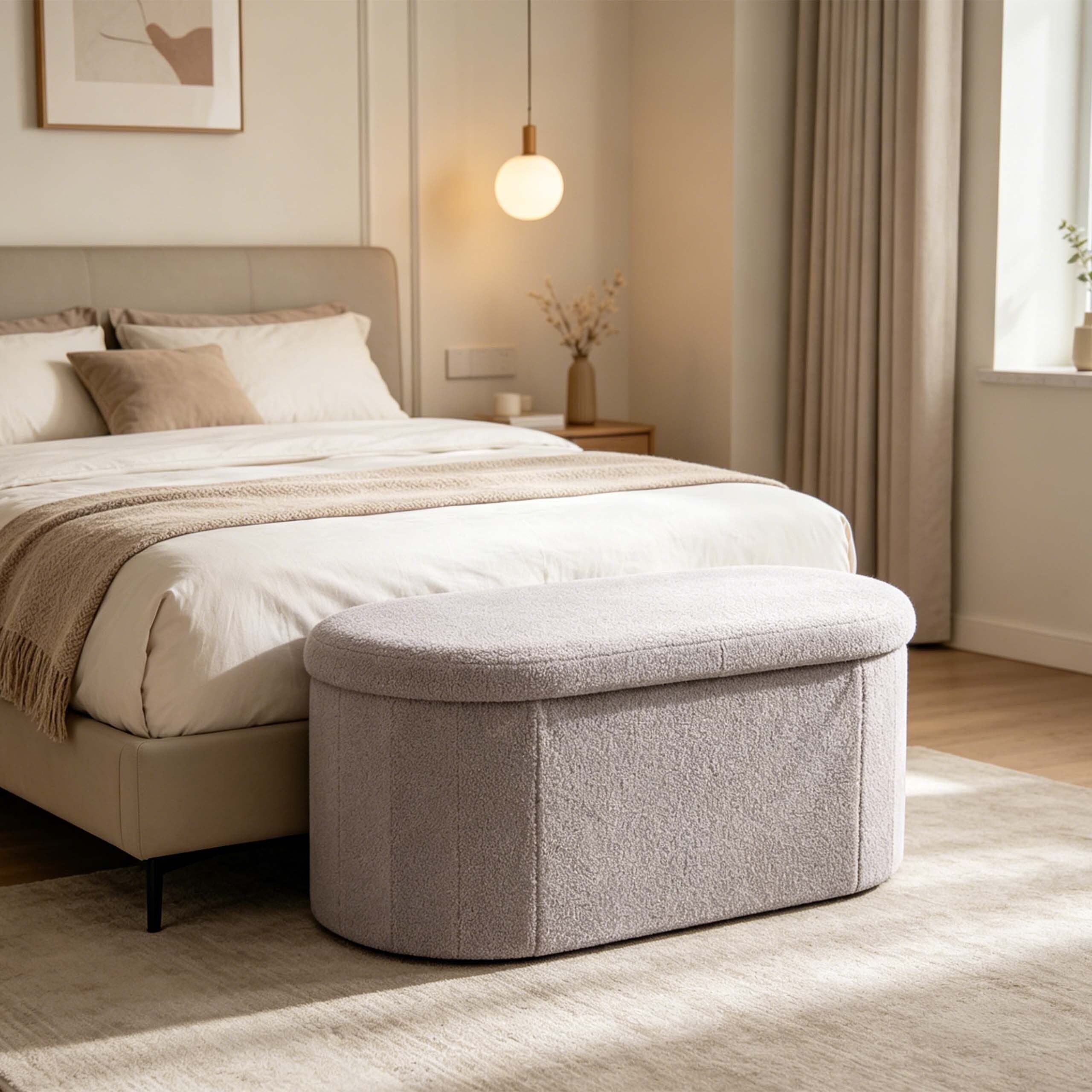 relaxdays Sitztruhe Sitzbank aus Teddystoff (1-St), Hellgrau – Bild 2 von 5