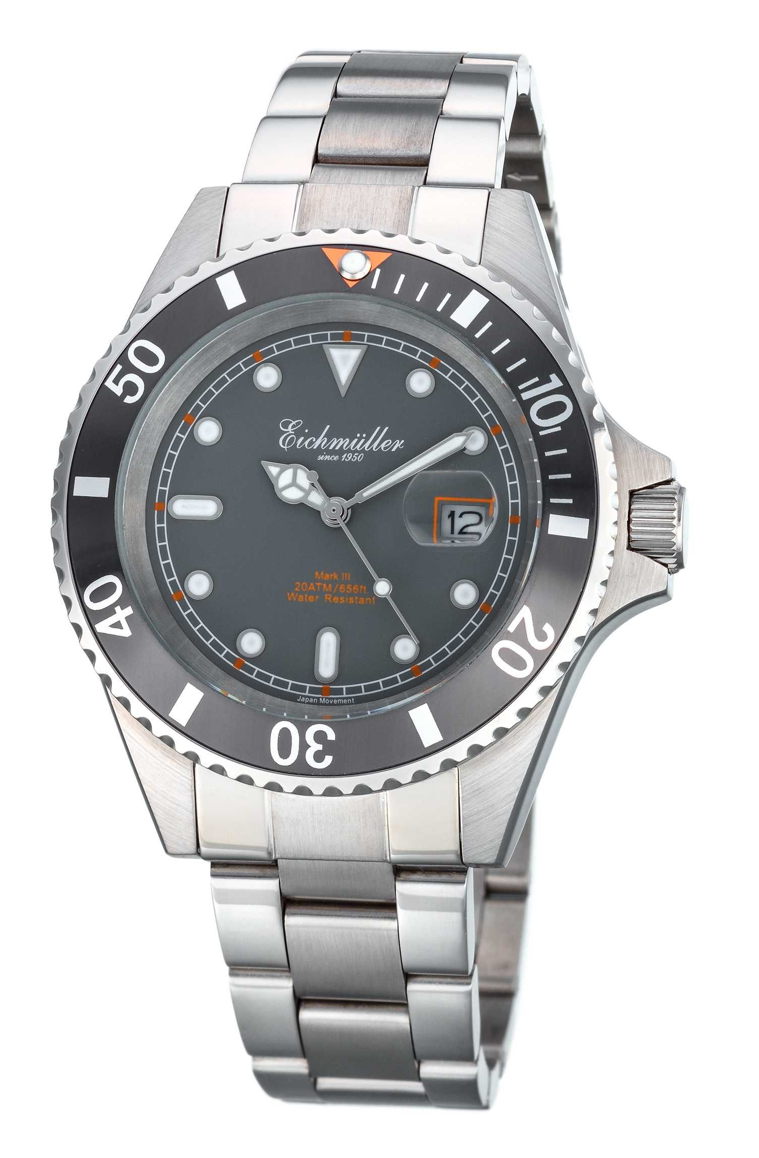 Taucheruhr Herrenuhr, Grau, 43 mm, 20 ATM wasserdicht, Edelstahlband, 3460-07
