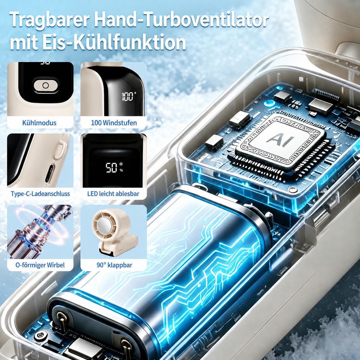 nsihing Handventilator Handventilator 3-in-1, Turbo Ventilator USB-C 4000 mAh, 1–100 Stufen, LED Anzeige & Halbleiter-Kühlung
