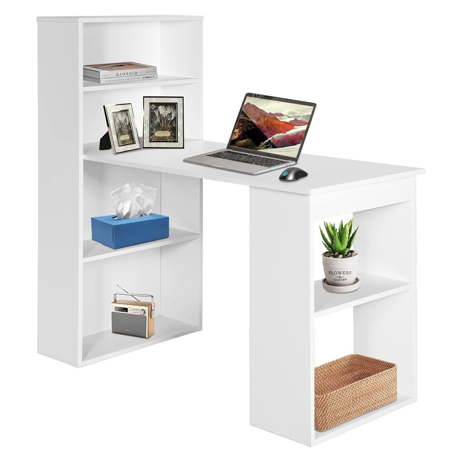 KOMFOTTEU Schreibtisch Computertisch, mit Bücherregal, 6 Regalen, PC Gaming Tisch