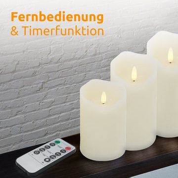 BonAura LED-Kerze »mit Fernbedienung und Timer, Flammenlose Echtwachs Kerzen mit 3D Flamme« (Spar-Set, 3-tlg., Weiß), LED Stumpenkerze