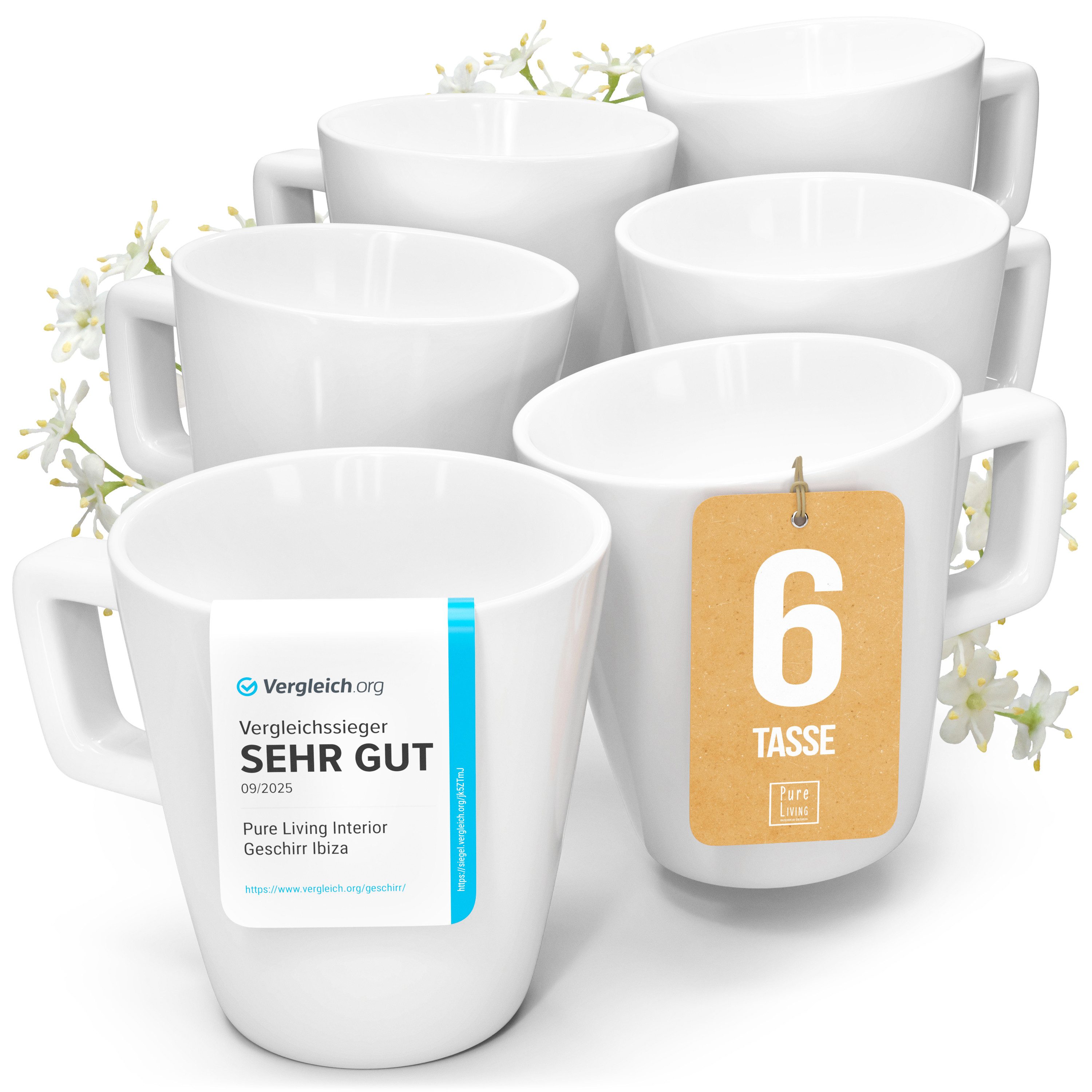 PURE LIVING INTERIOR DESIGN Geschirr-Set Crystal, 6er-Set, 365 ml, Weiß, Porzellan (6-tlg), 6 Personen, Porzellan