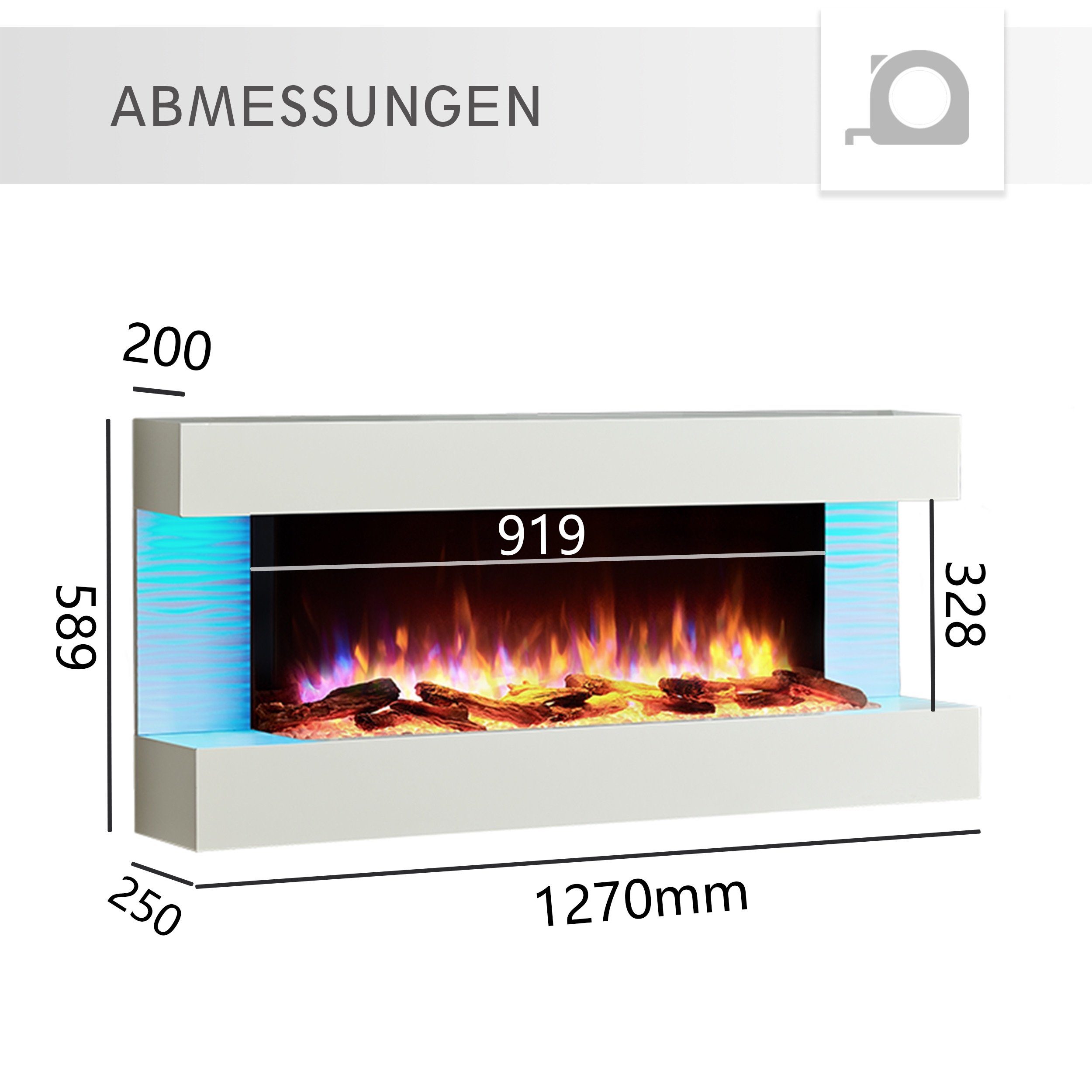 RICHEN Elektrokamin 3D-Flammeneffekt, Weiß LED-Beleuchtung, Helia, Timer, Thermostat mit 2000W, Wandkamin Heizung Fernbedienung