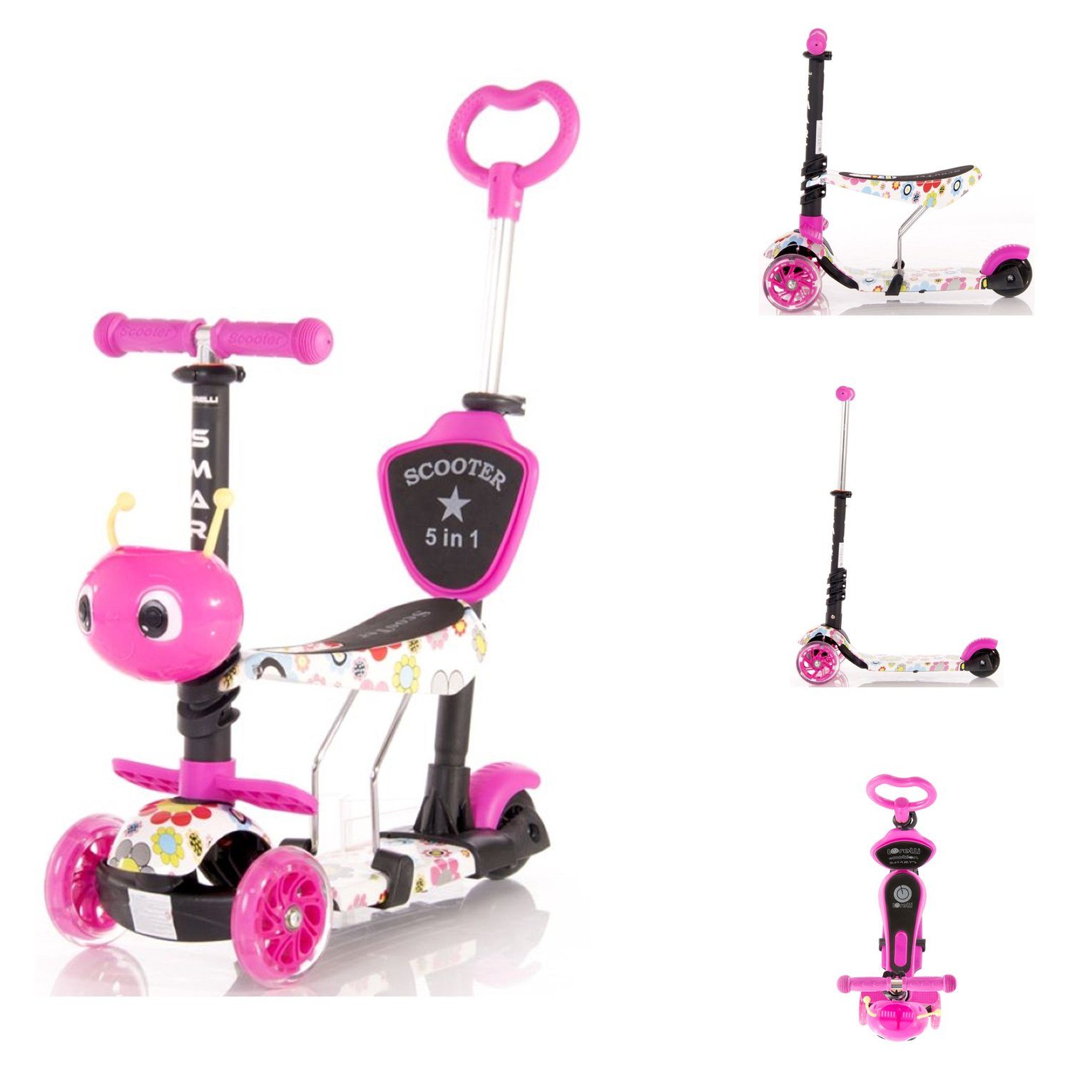 Lorelli Cityroller Scooter PU 1, leuchten in Plus ABEC-7 verstellbar Smart rosa Lager 5 Räder Blumen