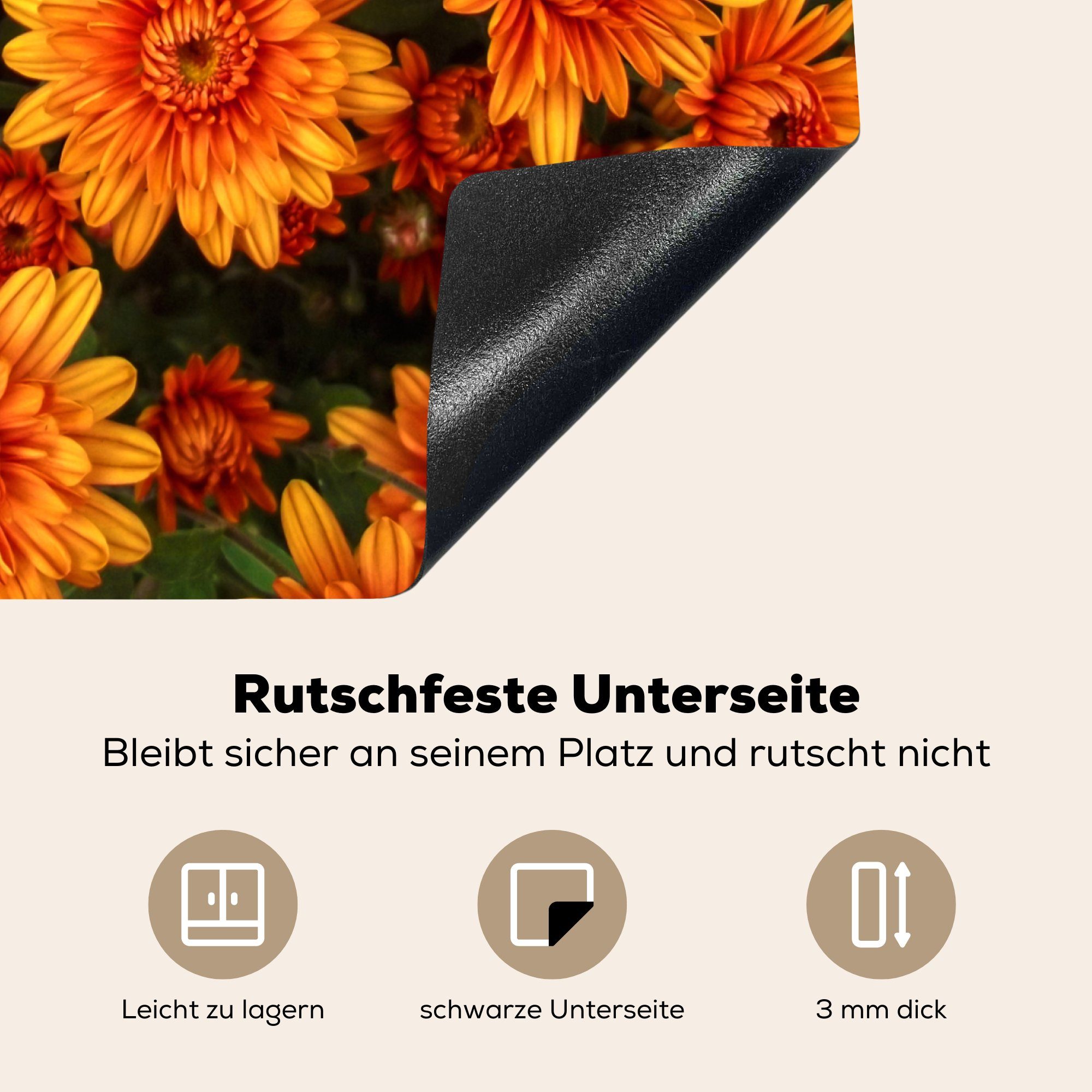MuchoWow Herdblende-/Abdeckplatte Blumen - Chrysantheme, 59x52 Vinyl, Orange für Induktionsmatte (1 tlg), die küche, Ceranfeldabdeckung cm, 