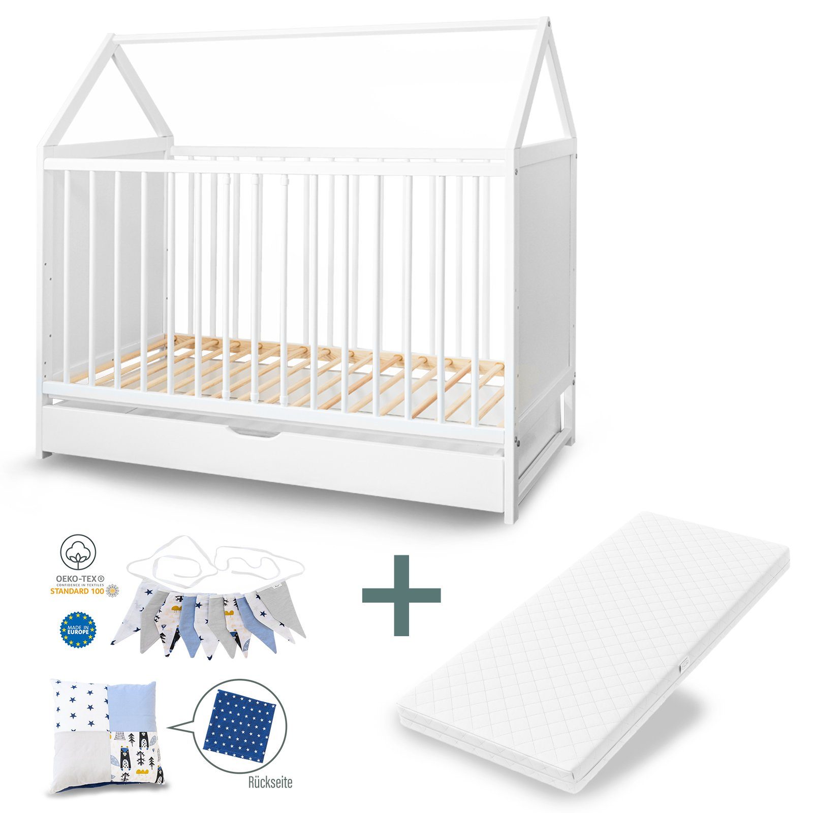 Babybett Gitterbett Kinderbett 120x60 Grau/Weiß ohne Matratze NEU mit Schublade 