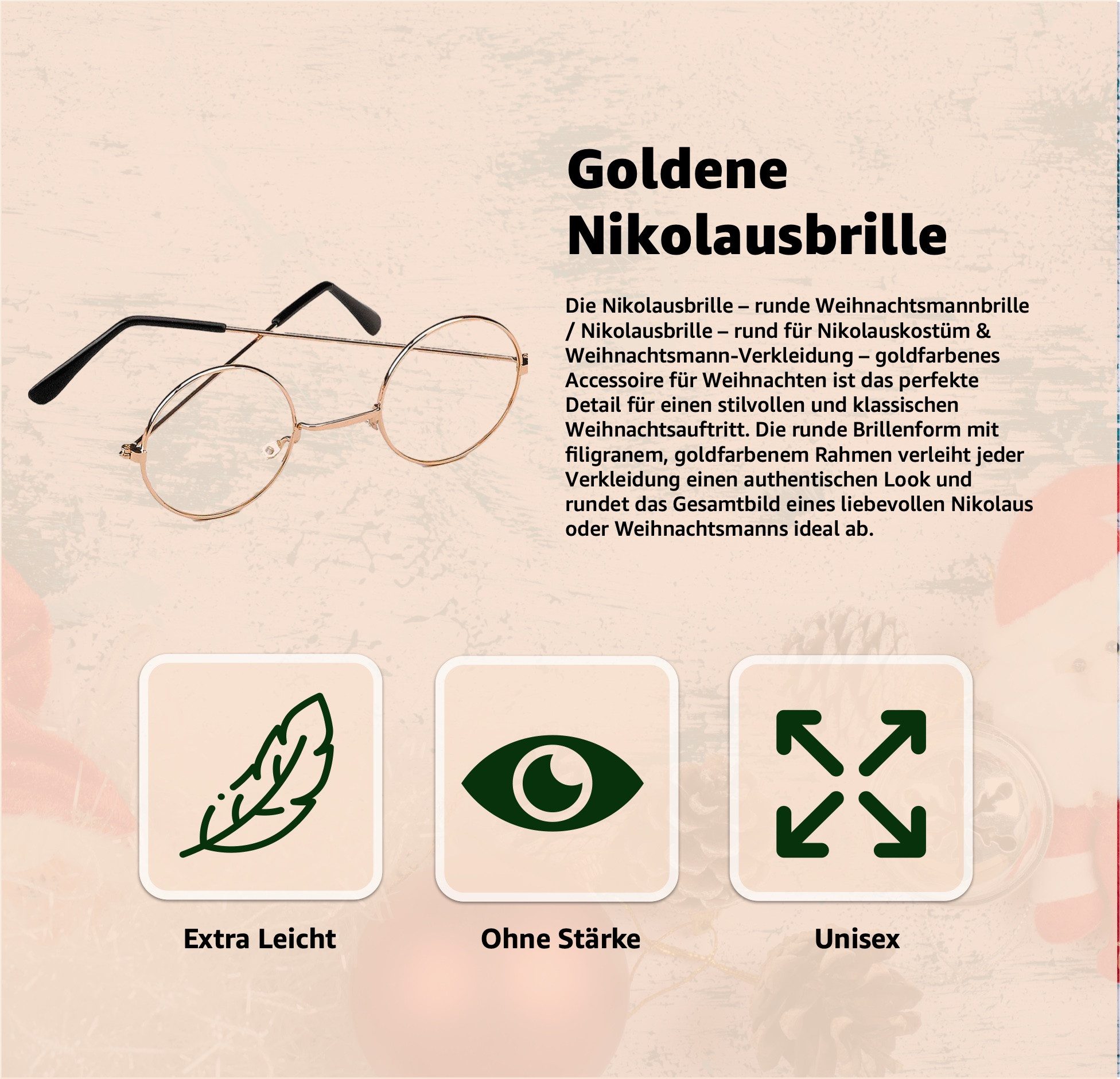 happymas Kostüm 1x Weihnachtsmannbrille - Nikolausbrille - rund Nickelbrille